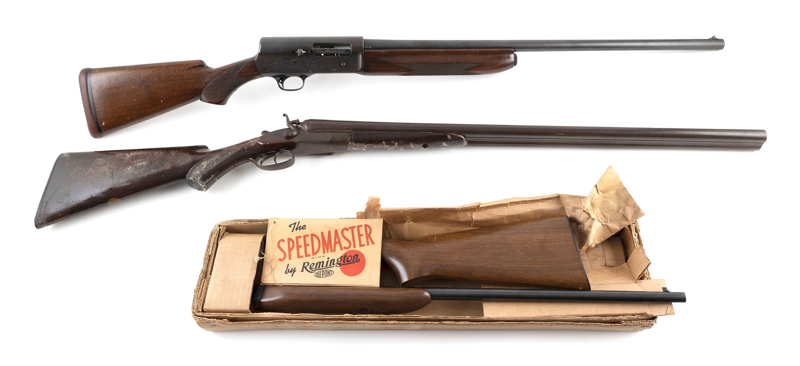 * THREE LONG GUNS 20th Century: * THREE LONG GUNS20th Century1) Remington Sportsman semi-automatic shotgun. 12-ga., Serial #509167. Length of barrel 28".2) Remington Model 241 semi-automatic rifle. .22 cal., Serial #105193. Includes