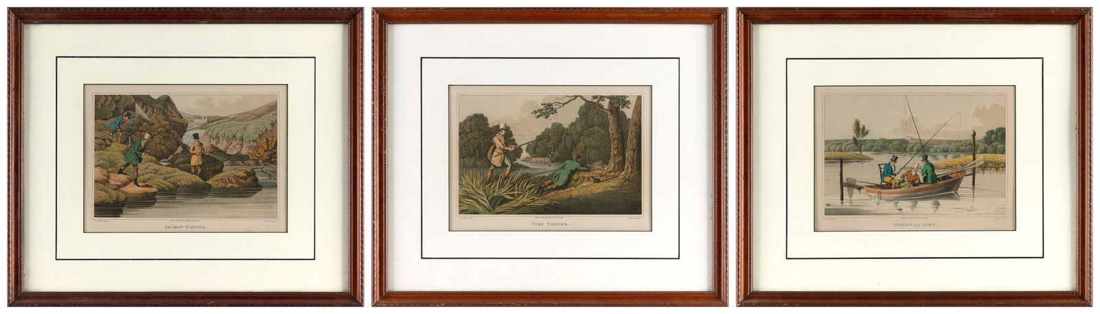THREE FISHING SCENE ETCHINGS AFTER HENRY ALKEN First Half of the 18th Century Hand-colored etchings: THREE FISHING SCENE ETCHINGS AFTER HENRY ALKENFirst Half of the 18th Century"Fishing in a Punt", "Pike Fishing" and "Salmon Fishing". From The National Sports of Great Britain by J. Clark, published b