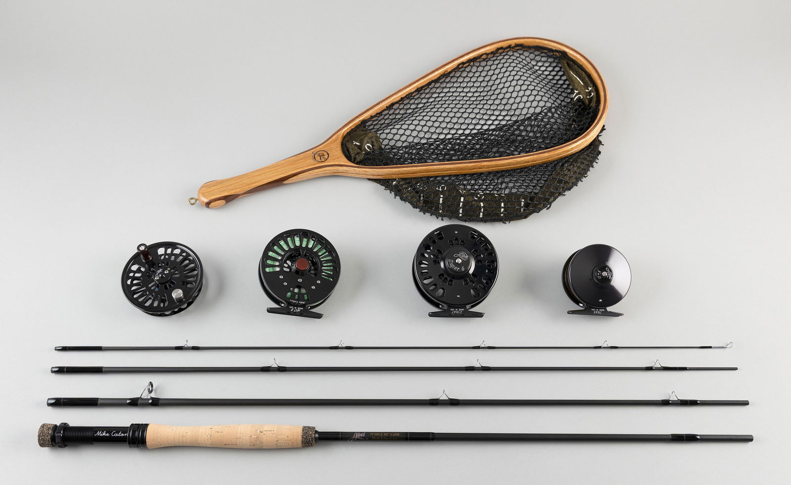 LOT OF ABEL FISHING GEAR Contemporary: LOT OF ABEL FISHING GEARContemporary1-4) Four fly reels: Super 6, Abel Creek #2, Abel Creek #2 spool and a No. 0. Diameters 4", 3.5", 3" and 3". All with original boxes.5) Model FF905-4 5-weight trout