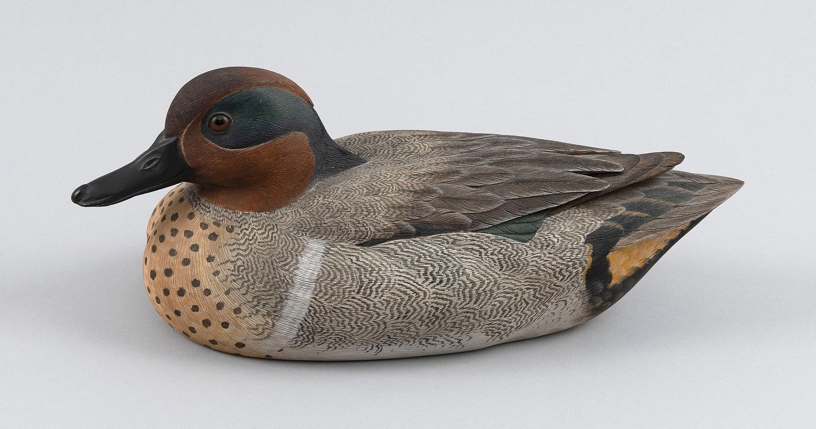 GARY LAWRENCE DECORATIVE GREEN-WINGED TEAL CARVING America, 20th Century Length 10". (1 of 3)