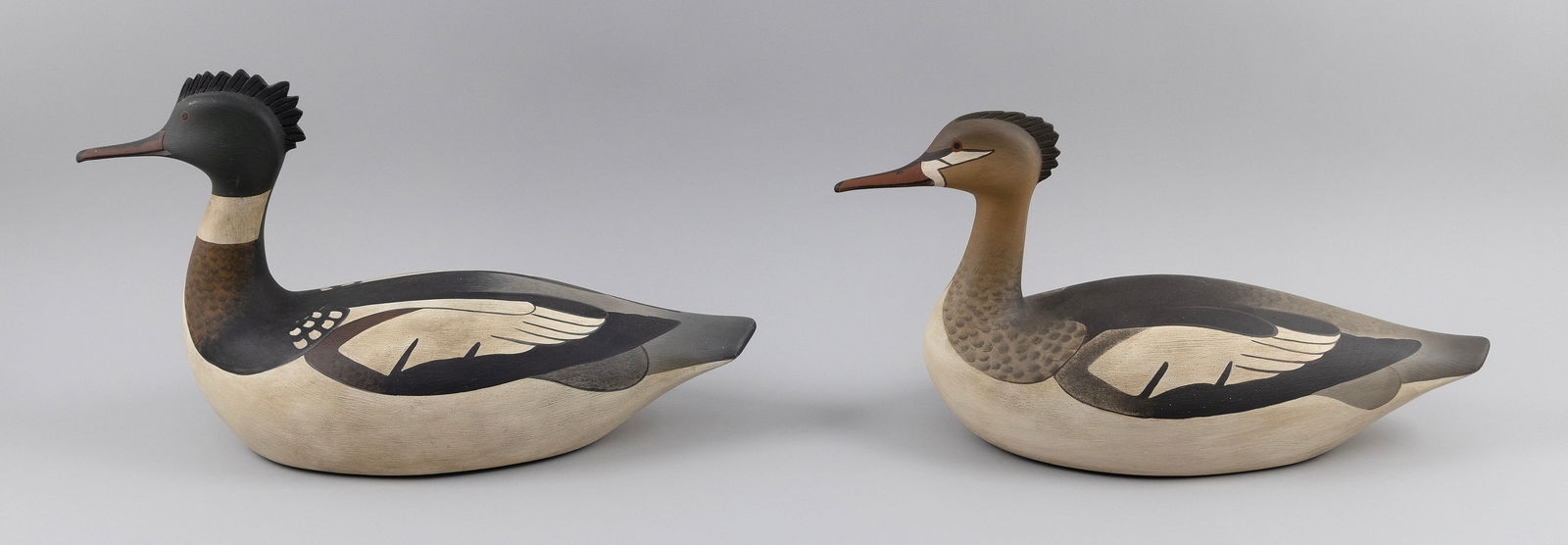 PAIR OF MARTY COLLINS MERGANSER DECOYS IN THE STYLE OF LOTHROP HOLMES East Wareham, Massachusetts, (1 of 3)