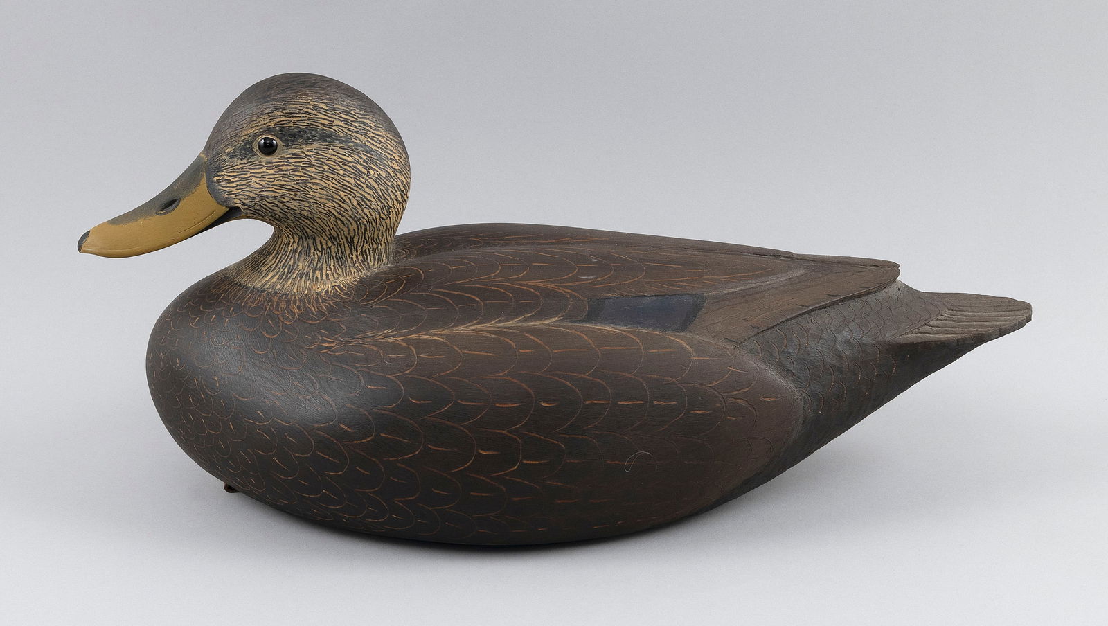 MARTY COLLINS OVERSIZED BLACK DUCK DECOY East Wareham, Massachusetts, 1960- Length 18". (1 of 3)