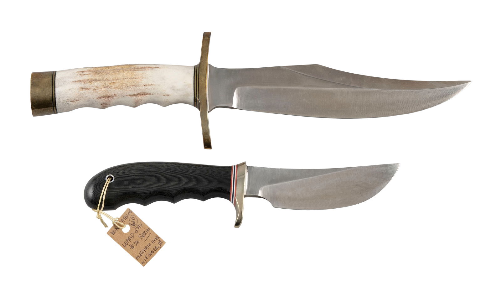 TWO RANDALL KNIVES Late 20th Century Lengths 9" and 13".: TWO RANDALL KNIVESLate 20th CenturyA Model #20 with a Mircarta handle and a Model #12 with a stag horn handle. Both with sheaths.Lengths 9" and 13".