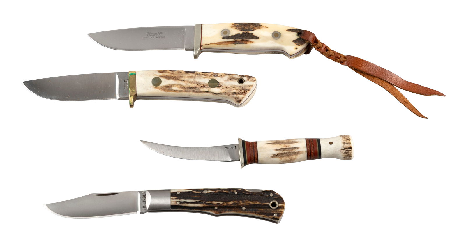 FOUR COLLECTIBLE STAG HORN-HANDLED KNIVES 20th Century: FOUR COLLECTIBLE STAG HORN-HANDLED KNIVES20th Century1) Ridge Custom Series, 487 of 600. Length 8".2) Greg Fillinger, circa 1987. Length 8".3) William Scagel with curved blade. Includes sheath. Length