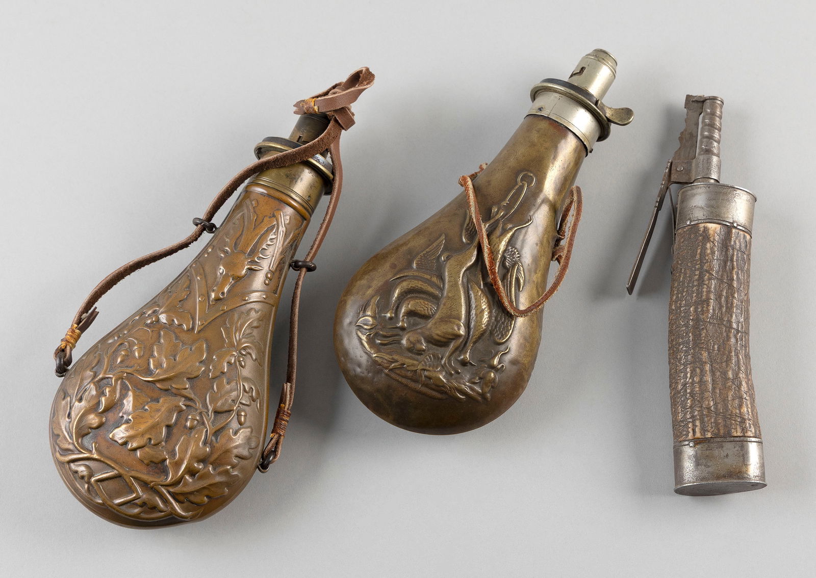 THREE POWDER FLASKS 19th Century Lengths 8" and 9". (1 of 1)