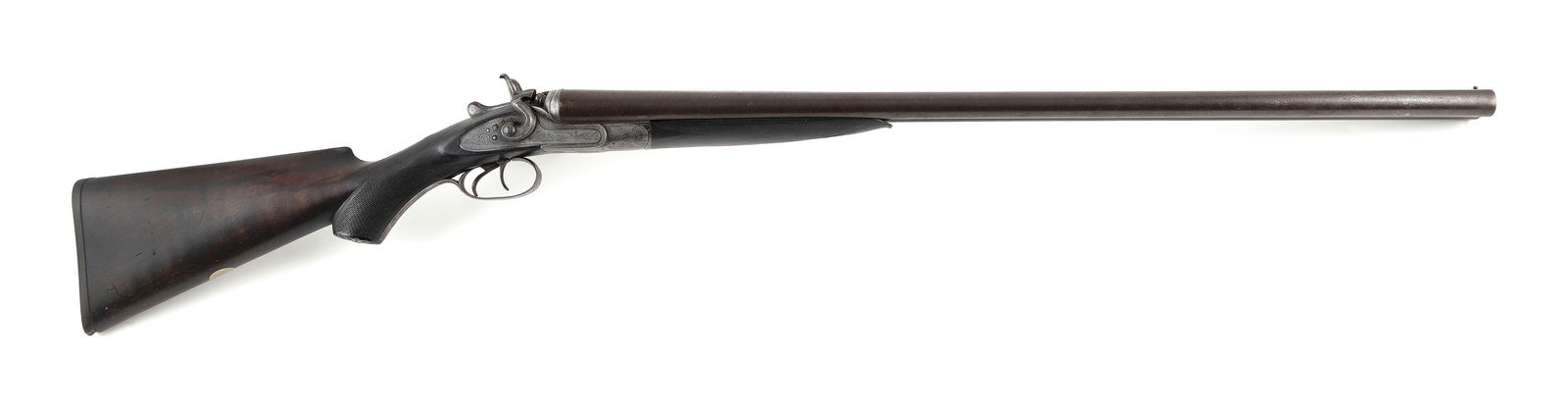 T. GARDNER PERCUSSION DAMASCUS SHOTGUN 19th Century Length of barrels 28.5". Total length 44.5".: T. GARDNER PERCUSSION DAMASCUS SHOTGUN19th Century12-ga. Receiver with scroll engraving.It is the bidder's responsibility to have full knowledge of their own local laws and regulations on firearms, an