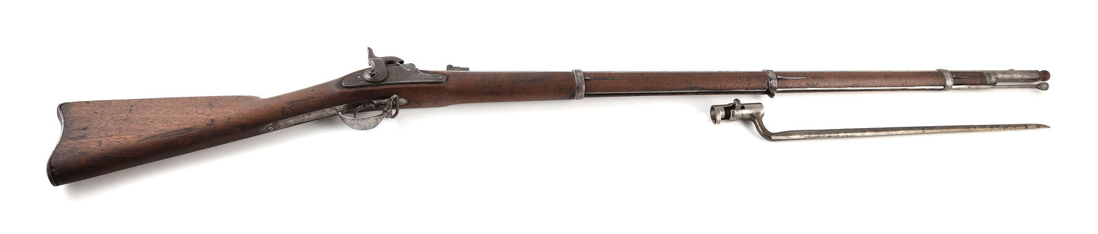 S.N. & W.T.C. MASSACHUSETTS CONTRACT PERCUSSION RIFLE Circa 1865 Length of barrel 39". Total length: S.N. & W.T.C. MASSACHUSETTS CONTRACT PERCUSSION RIFLECirca 1865.58 cal. Engraved "WP" on right side of stock. Includes bayonet.It is the bidder's responsibility to have full knowledge of their own loc