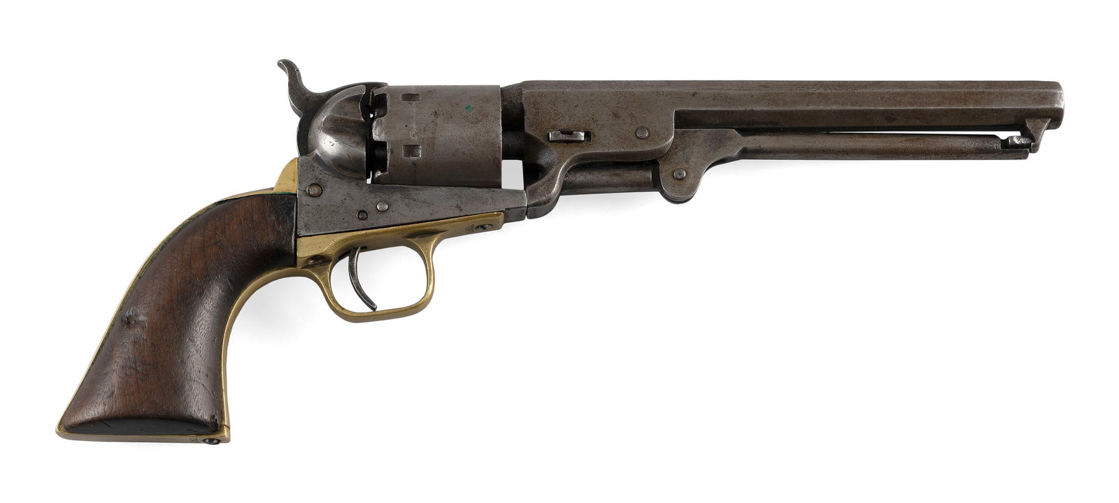 COLT MODEL 1851 NAVY REVOLVER 19th Century Length of barrel 7.5". Total length 13".: COLT MODEL 1851 NAVY REVOLVER19th Century.36 cal., Serial #208482.It is the bidder's responsibility to have full knowledge of their own local laws and regulations on firearms, and furthermore if it is