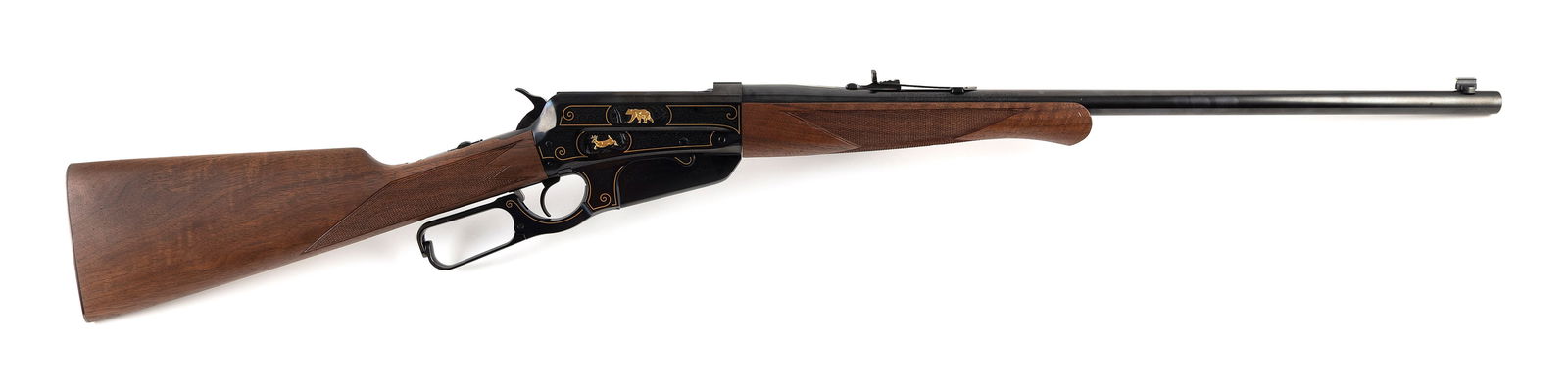 * WINCHESTER MODEL 1895 125TH ANNIVERSARY LEVER-ACTION RIFLE 20th Century Length of barrel 24".: * WINCHESTER MODEL 1895 125TH ANNIVERSARY LEVER-ACTION RIFLE20th Century.405, Serial #2020CFM035. Gold overlay.* This gun will only be delivered to holders of a Federal Firearms Dealer's License. Plea