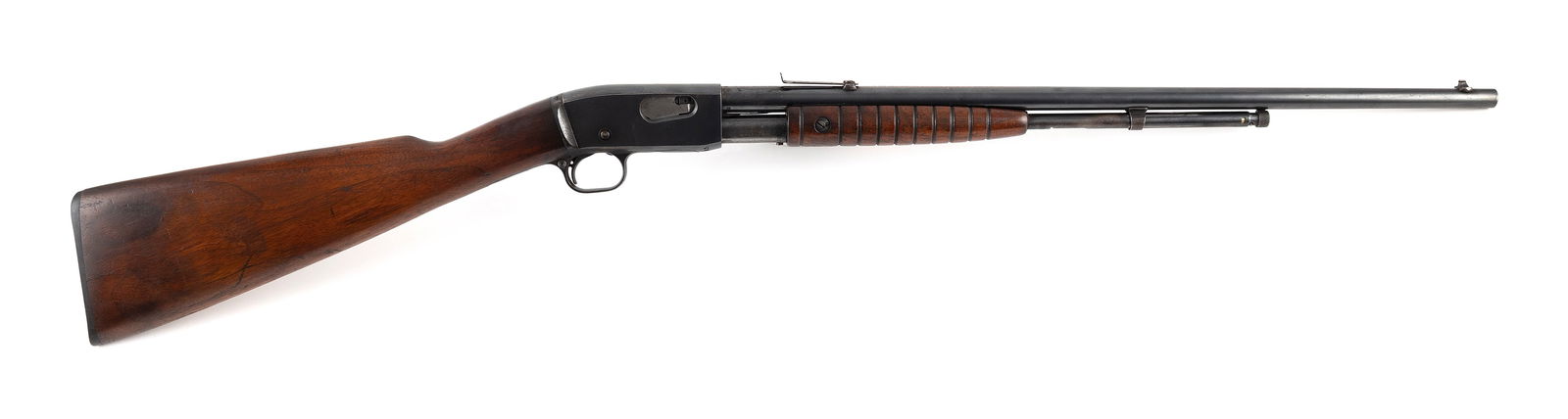 * REMINGTON MODEL 12A SLIDE-ACTION RIFLE 20th Century Length of barrel 22". Total length 38".: * REMINGTON MODEL 12A SLIDE-ACTION RIFLE20th Century.22 cal., Serial #532415. Blued finish.* This gun will only be delivered to holders of a Federal Firearms Dealer's License. Please be aware of licen