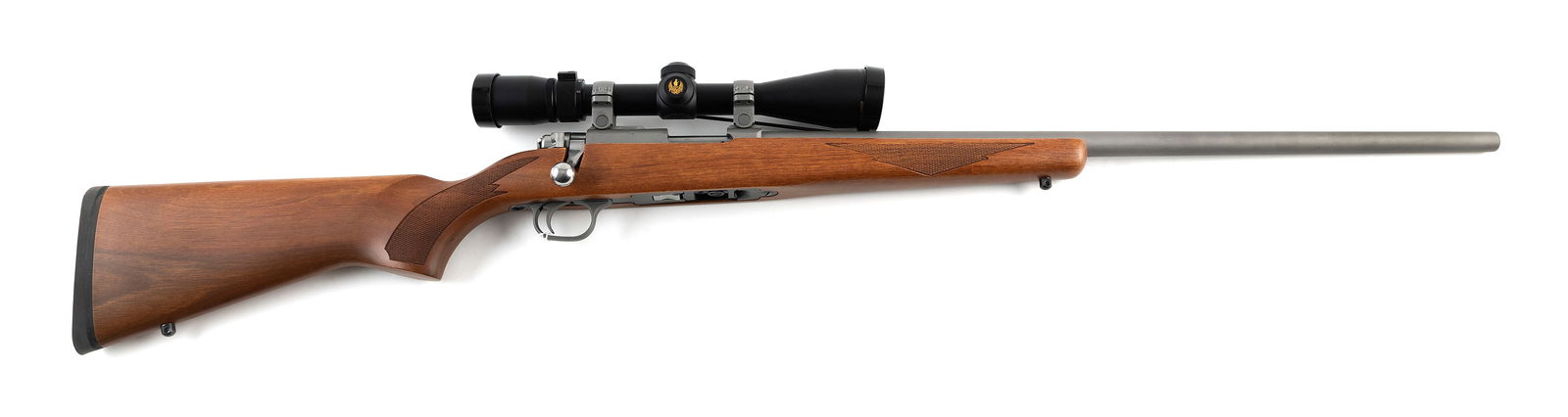 * RUGER 77/22 BOLT-ACTION RIFLE Contemporary Length of barrel 24". Total length 43".: * RUGER 77/22 BOLT-ACTION RIFLEContemporary.22 cal., Serial #703-81671. Mounted with a Nikon scope.* This gun will only be delivered to holders of a Federal Firearms Dealer's License. Please be aware
