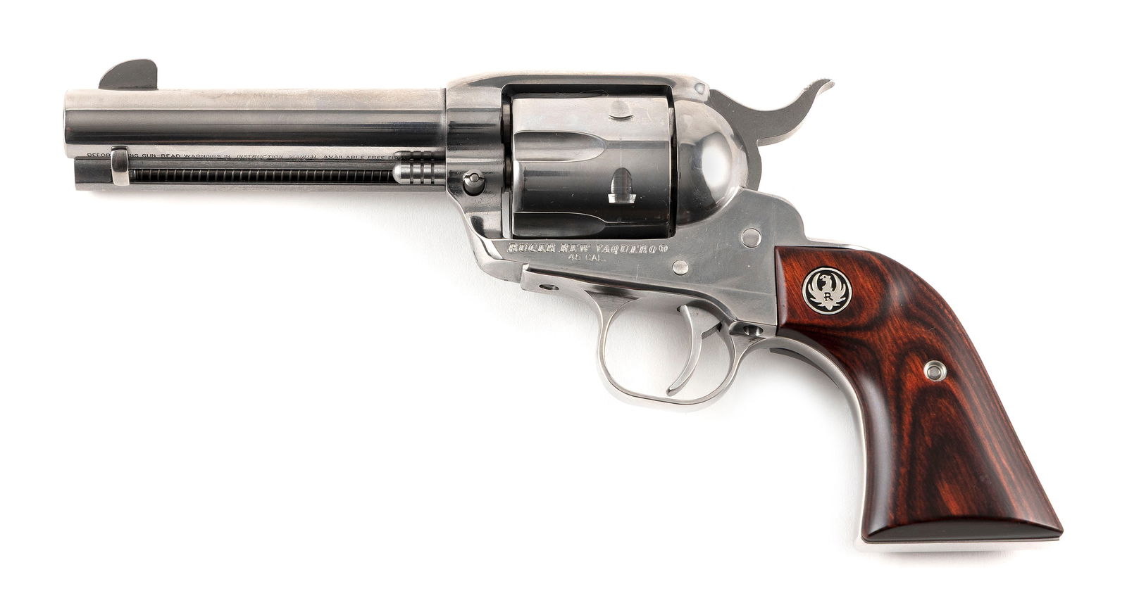 * RUGER NEW VAQUERO REVOLVER Contemporary Length of barrel 4.5". Total length 10.5".: * RUGER NEW VAQUERO REVOLVERContemporary.45 cal., Serial #512-66034. Stainless steel finish.* This gun will only be delivered to holders of a Federal Firearms Dealer's License. Please be aware of lice