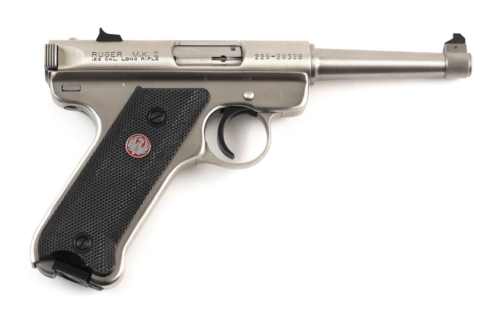 * RUGER MK2 SEMI-AUTOMATIC PISTOL 20th Century Length of barrel 5". Total length 9".: * RUGER MK2 SEMI-AUTOMATIC PISTOL20th Century.22 cal., Serial #225-29329. Includes original case.* This gun will only be delivered to holders of a Federal Firearms Dealer's License. Please be aware of