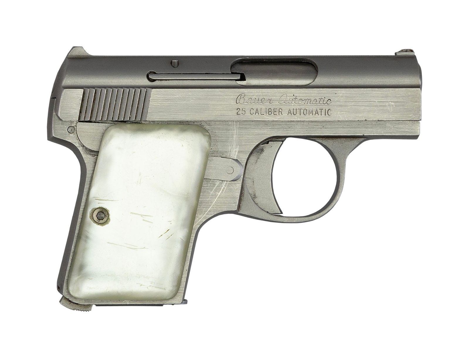 * BAUER ARMS SEMI-AUTOMATIC PISTOL 20th Century Length of barrel 2". Total length 4".: * BAUER ARMS SEMI-AUTOMATIC PISTOL20th Century.25 cal., Serial #102985. Nickel finish.* This gun will only be delivered to holders of a Federal Firearms Dealer's License. Please be aware of license re