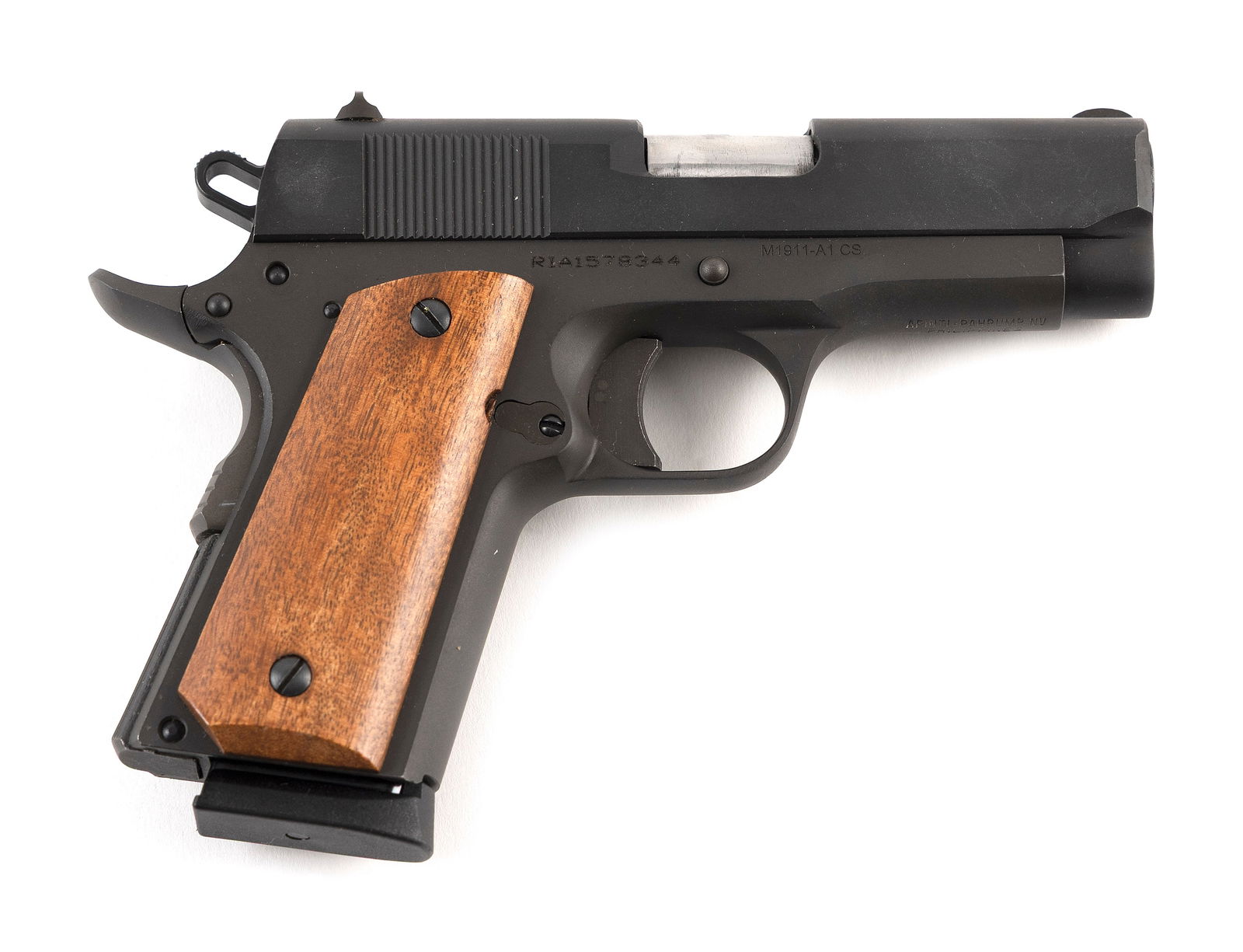 * ROCK ISLAND ARMORY M1911-A1 CS PISTOL Contemporary Length of barrel 3.5". Total length 7.5".: * ROCK ISLAND ARMORY M1911-A1 CS PISTOLContemporary.45 cal., Serial #RIA1578344. Includes original case.* This gun will only be delivered to holders of a Federal Firearms Dealer's License. Please be a