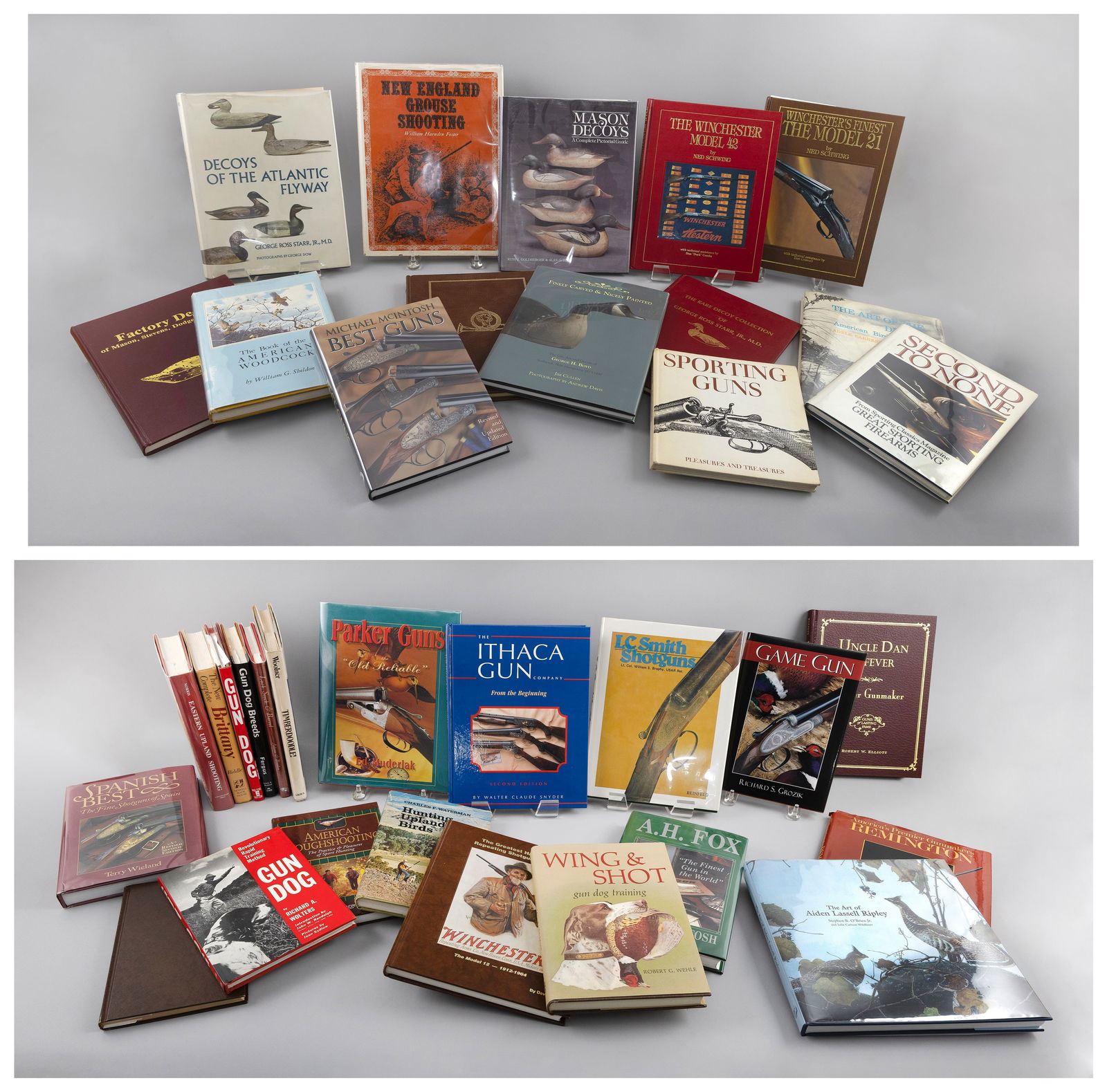 APPROX. 35 BOOKS ON SHOTGUNS, DECOYS, DOGS AND WING SHOOTING 20th Century Largest 12" x 11".: APPROX. 35 BOOKS ON SHOTGUNS, DECOYS, DOGS AND WING SHOOTING20th CenturyIncludes:Uncle Dan LefeverLock Stock and BarrelRemingtonSporting GunsIthaca Gun