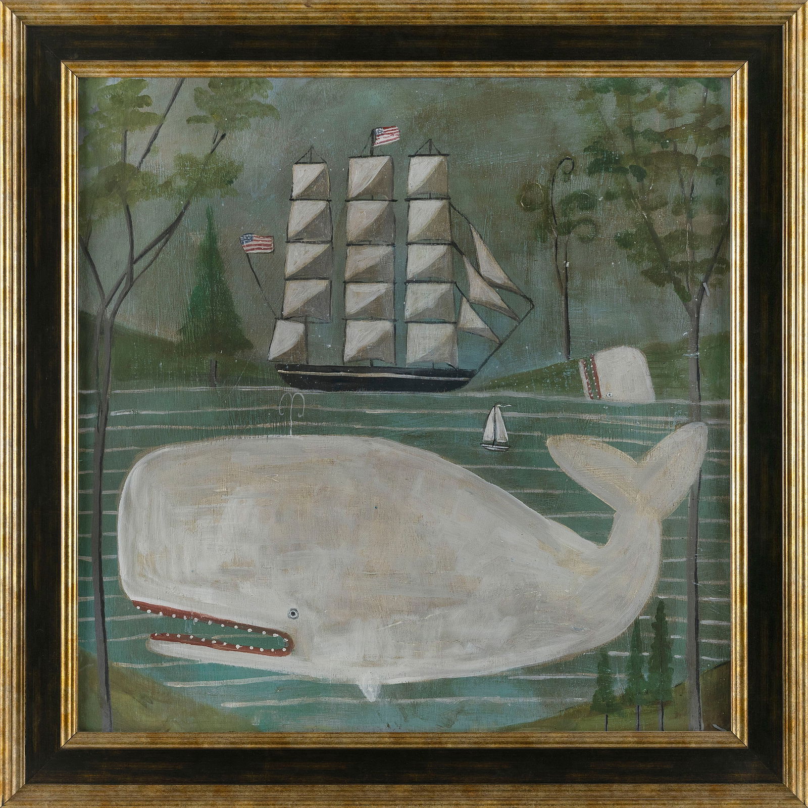 MELINDA KIRKPATICK (Massachusetts, Contemporary), Folk art scene of ships and whales in a harbor., (1 of 1)