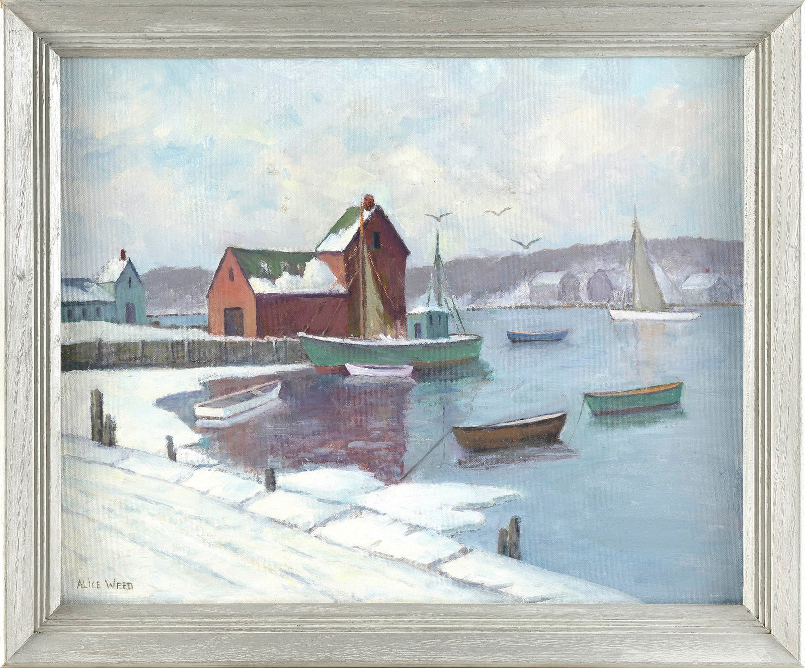 ALICE WEED (Massachusetts, Early 20th Century), "Rockport - Motif #1"., Oil on canvas board, 16" x: ALICE WEED Massachusetts Early 20th Century "Rockport - Motif #1". Signed lower left "Alice Weed". Titled verso. Oil on canvas board, 16" x 20". Framed 19" x 23".