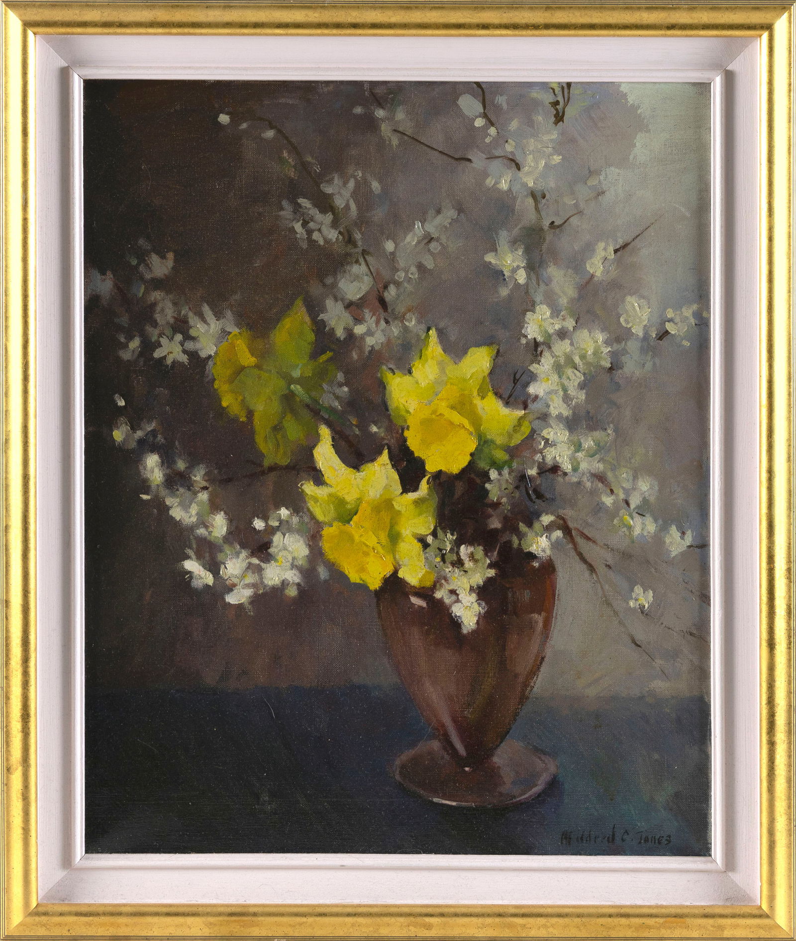 MILDRED C. JONES (Massachusetts, 1899-1992), Still life of daffodils and flowering branches., Oil on (1 of 2)
