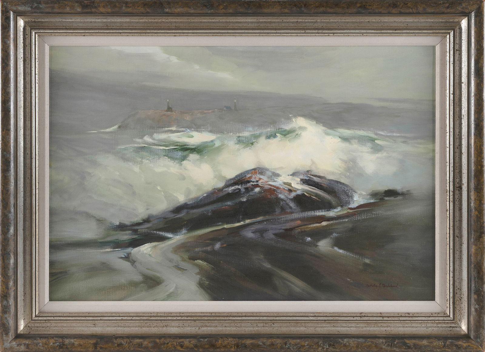 NATHALIE JOHNSON NORDSTRAND (Massachusetts, 1932-2021), "Storm over Cape Ann"., Oil on canvas, 20" x: NATHALIE JOHNSON NORDSTRAND Massachusetts 1932-2021 "Storm over Cape Ann". Signed lower right "Nathalie Johnson". Titled on Guild of Boston Artists label verso. Oil on canvas, 20" x 30". Framed 27" x