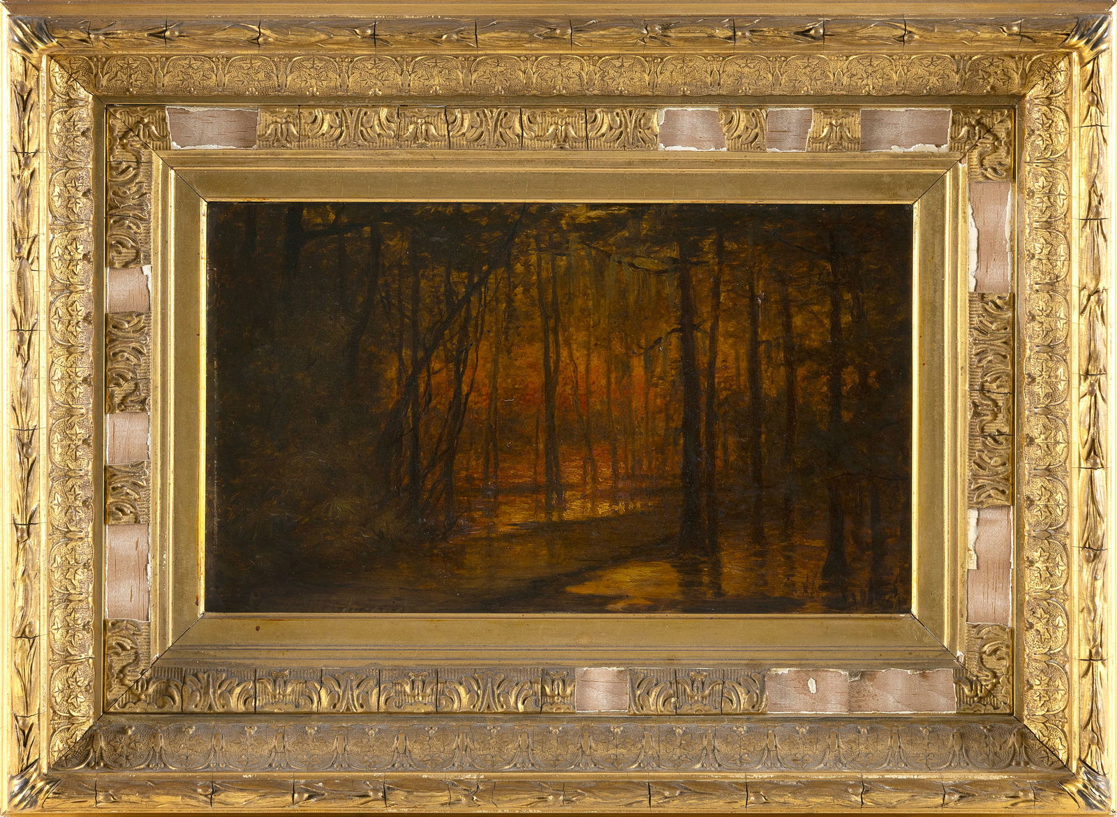 LAURA WOODWARD (New York/Florida, 1834-1926), Sunset over the marsh., Oil on artist board, 8" x: LAURA WOODWARD New York/Florida 1834-1926 Sunset over the marsh. Signed lower left "Laura Woodward". Oil on artist board, 8" x 13.5". Framed 16" x 20.5".