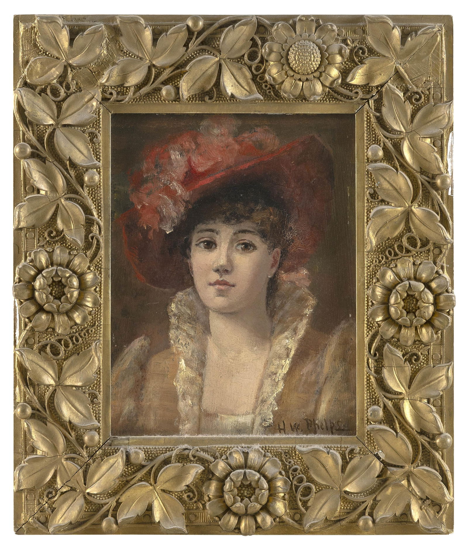 HELEN WATSON PHELPS (New York/Rhode Island, 1864-1944), Woman in a red hat adorned with flowers., (1 of 1)