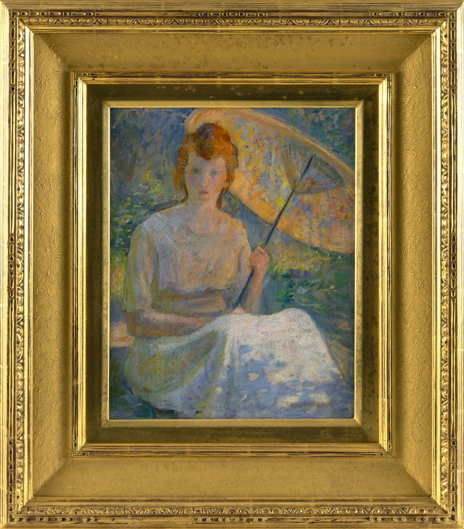 GRETA (DIETZ) ALLEN (Massachusetts, 1881-1963), "Under the Parasol"., Oil on board, 17" x 13". (1 of 2)