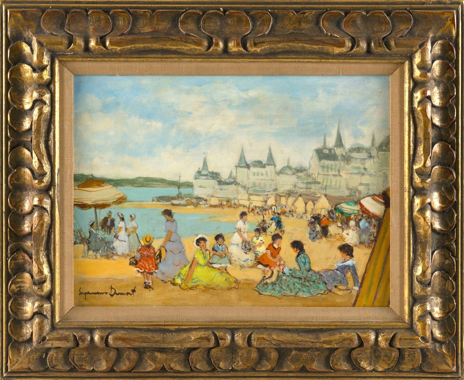 SUZANNE DEMAREST (France, 1900-1985), Victorian-era beach scene., Oil on canvas, 12" x 16". Framed (1 of 2)