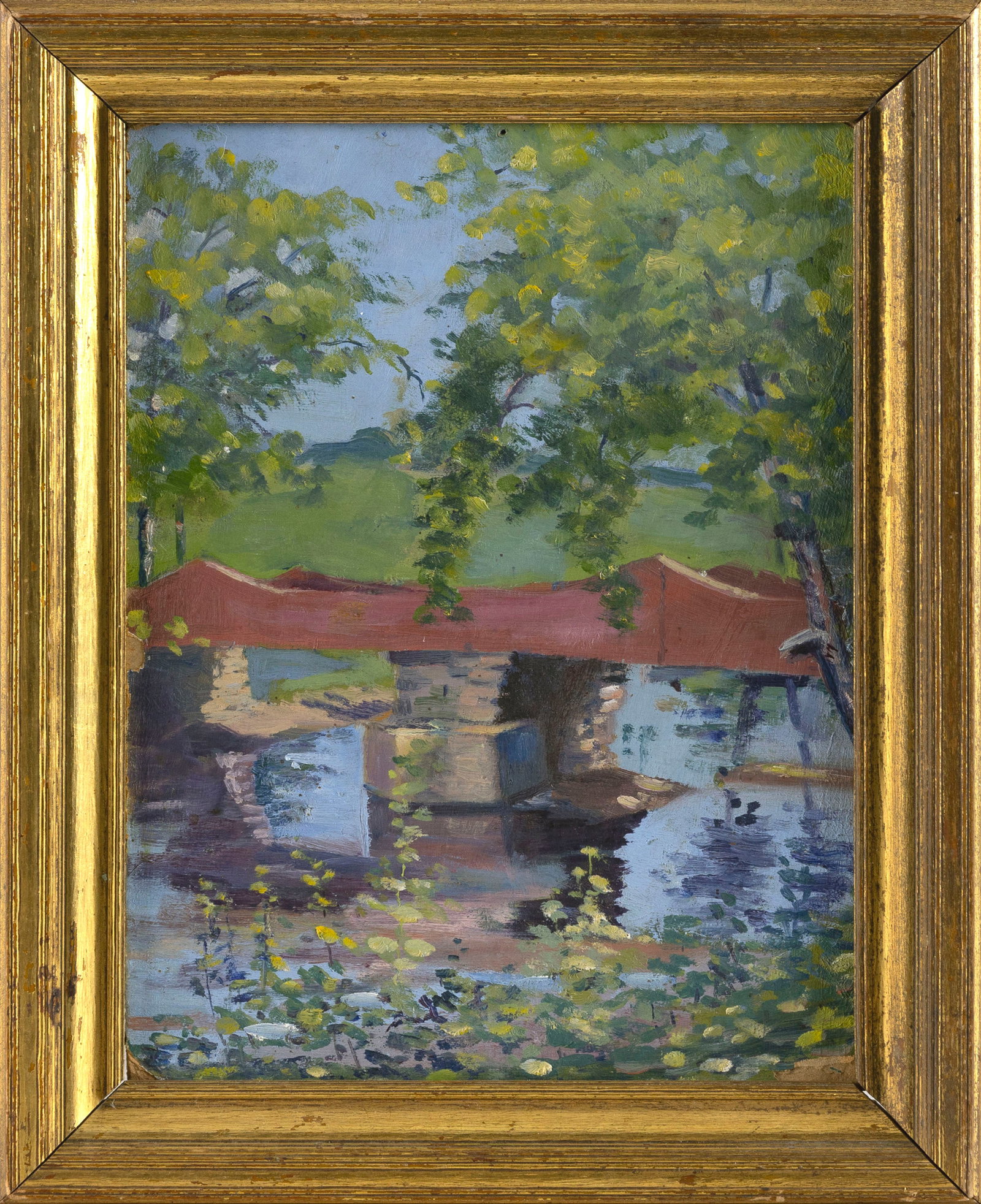 ATTRIBUTED TO LUCY WILSON RICE (Texas, 1874 -1963), "Barre Plains Bridge"., Oil on board, 12" x 9". (1 of 2)