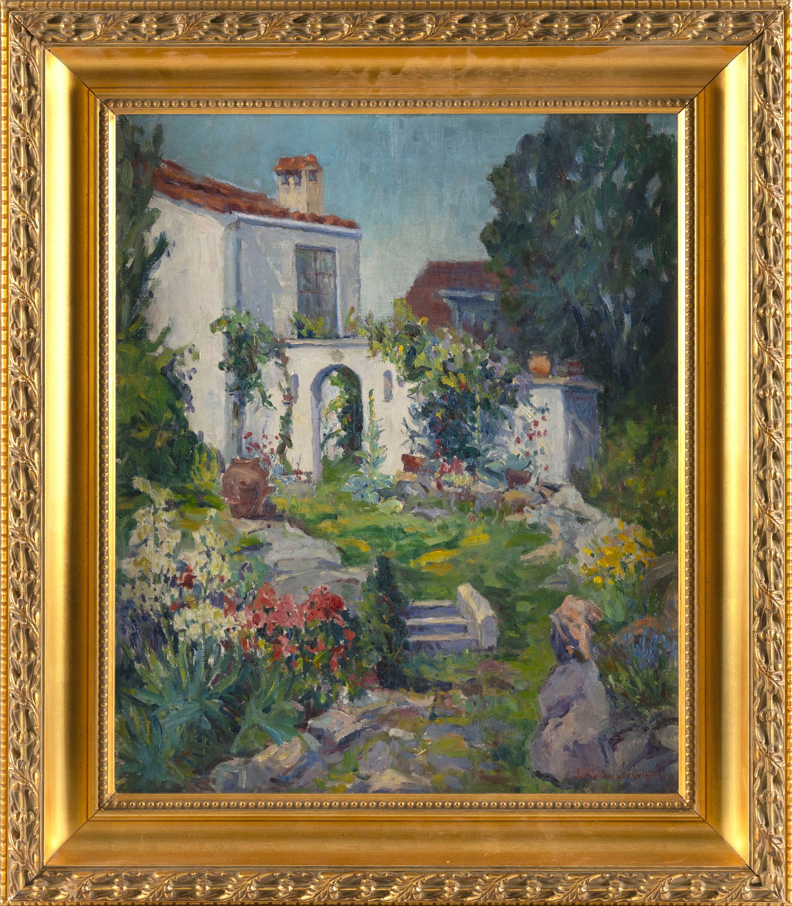 JULIA SULZER GRIFFITH (Massachusetts/Illinois, 1872-1945), Flower-filled courtyard., Oil on canvas,: JULIA SULZER GRIFFITH Massachusetts/Illinois 1872-1945 Flower-filled courtyard. Signed lower right "Julia Sulzer Griffith". Oil on canvas, 22" x 18". Framed 29" x 25".