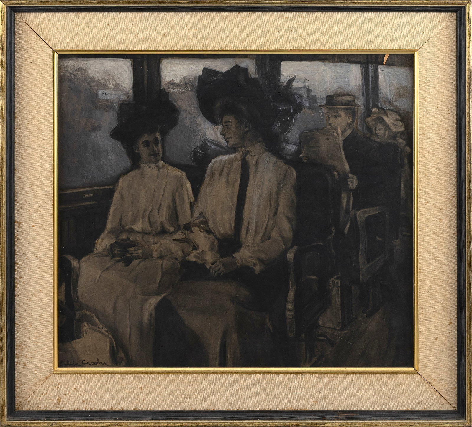 OLIVE J. CROSBY (New York, 20th Century), Passengers on a train., Gouache on artist board, 17" x (1 of 2)
