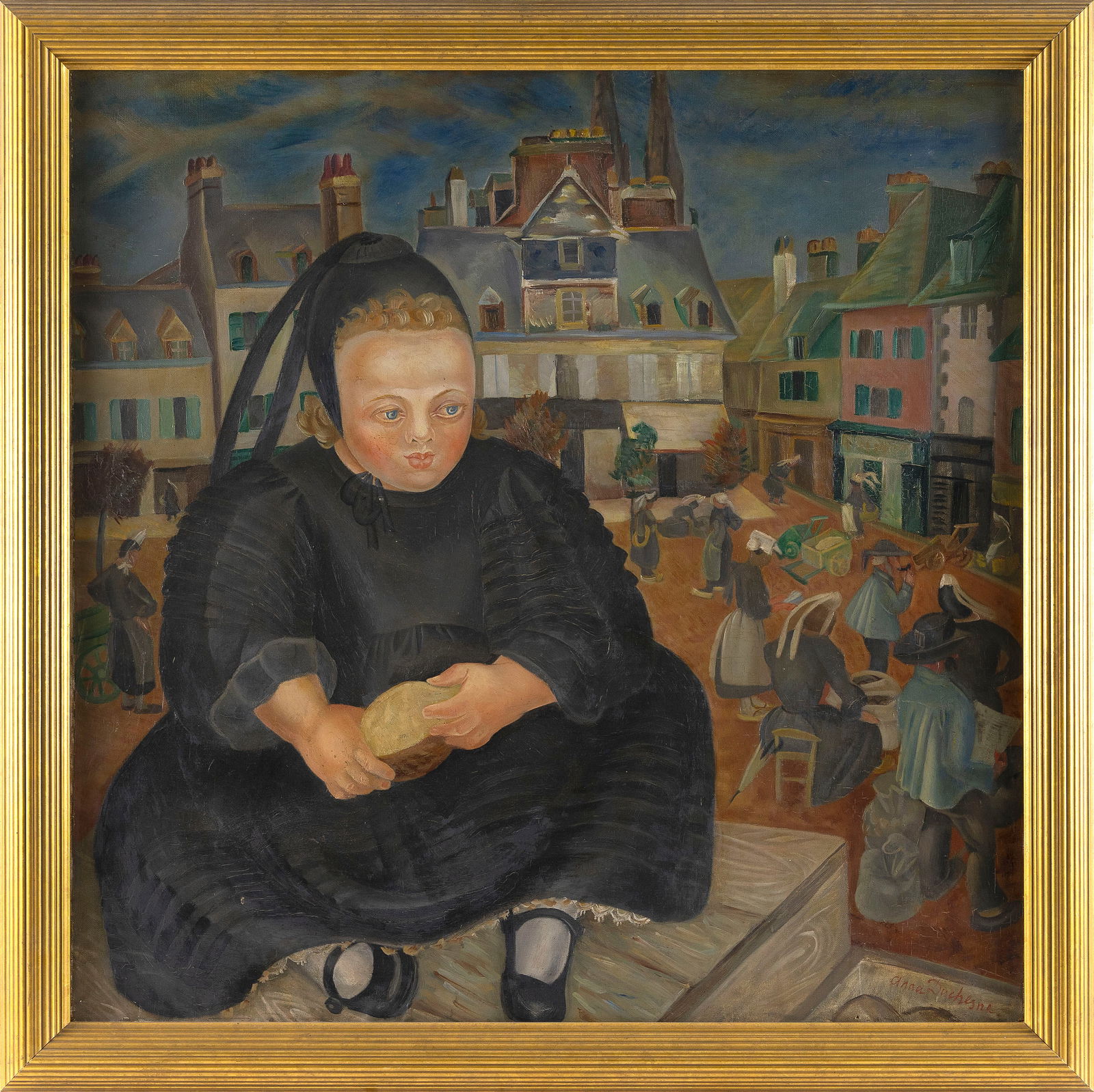 ANNA DUCHESNE (Russian Federation, 1891-1992), Girl in a town square., Oil on canvas, 31" x 32".: ANNA DUCHESNE Russian Federation 1891-1992 Girl in a town square. Signed lower right "Anna Duchesne". Oil on canvas, 31" x 32". Framed 36" x 36".