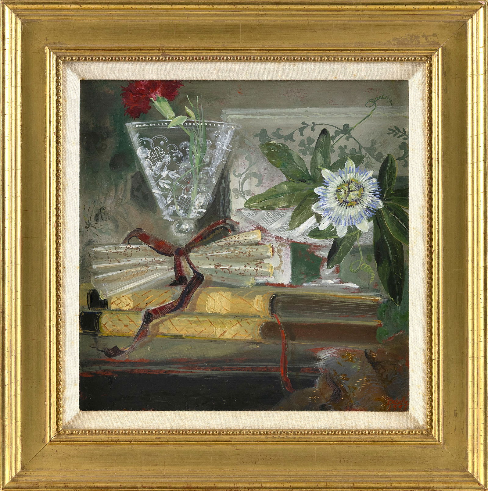 ISABELLE DE BORCHGRAVE (France, 1946-2024), Still life of books, flowers and a wineglass., Oil on: ISABELLE DE BORCHGRAVE France 1946-2024 Still life of books, flowers and a wineglass. Signed and dated lower right "Babelle 1997". Advertisement verso for Pierre Frey gallery, Paris. Oil on board, 11"