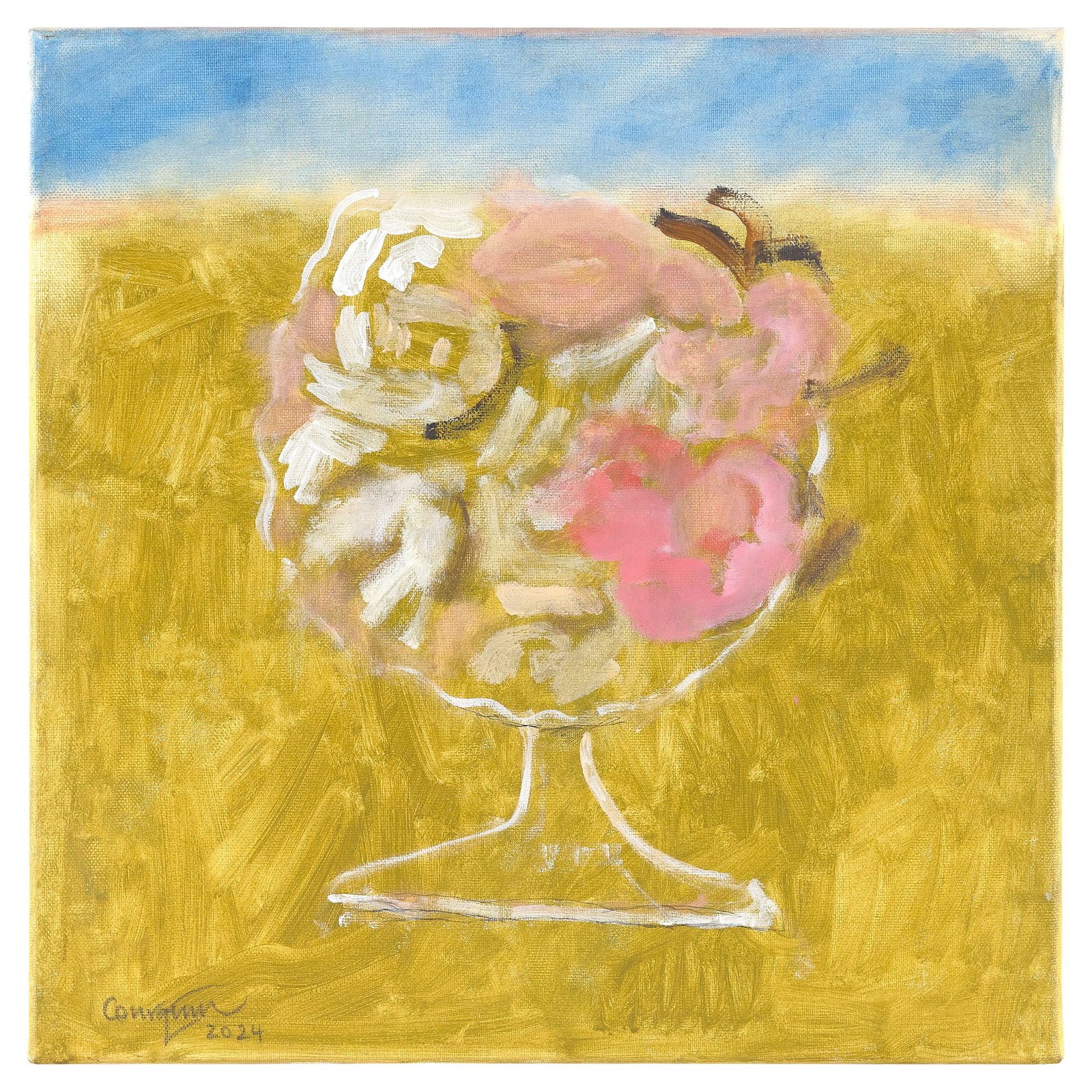 JANE COURQUIN (England/France, Contemporary), "Les Roses de Rosa en Italie"., Oil on canvas, 16" x: JANE COURQUIN England/France Contemporary "Les Roses de Rosa en Italie". Signed and dated lower left "Courquin '24". Signed, titled, dated and inscribed "Verteuil-sur-Charente, France" verso. Oil on c