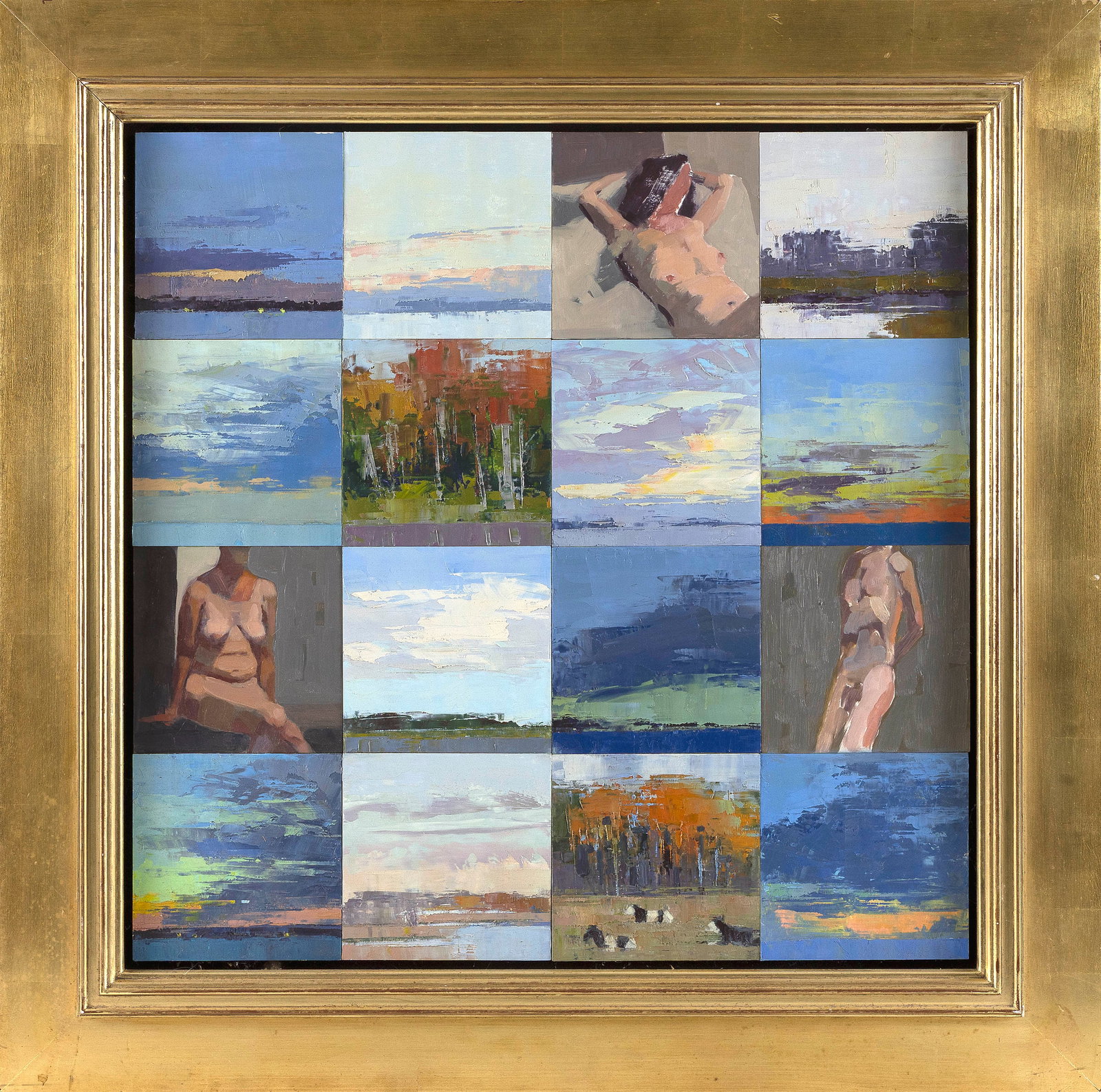 JUDY FRIDAY (Ohio, Contemporary), Collection of 16 landscapes and figural views, Oils on board, 6" x: JUDY FRIDAY Ohio Contemporary Collection of 16 landscapes and figural views housed together in a common frame. Signed verso. Oils on board, 6" x 6". Framed 32" x 32".