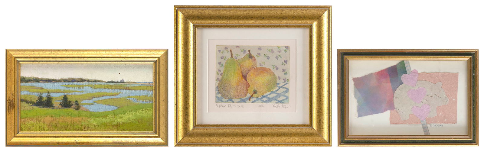 RUTH D. HOGAN (Massachusetts/New Mexico, 1943-), Three works: RUTH D. HOGAN Massachusetts/New Mexico 1943- Three works: 1) "Toward the Coast Guard Station from Fort Hill" (Eastham, Massachusetts). Oil on board, 4.5" x 9". Framed 7" x 11". Signed and titled verso