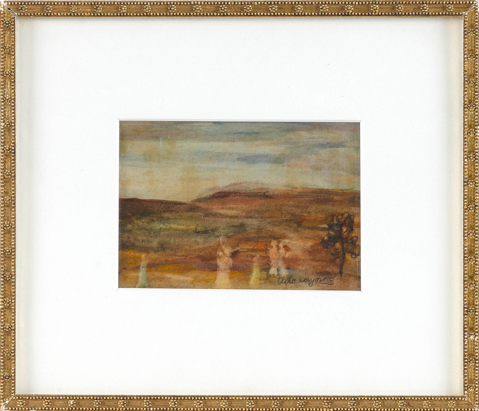 ADA RAYNER HENSCHE (Massachusetts, 1901-1985), Hilly Outer Cape landscape with figures., Watercolor (1 of 1)