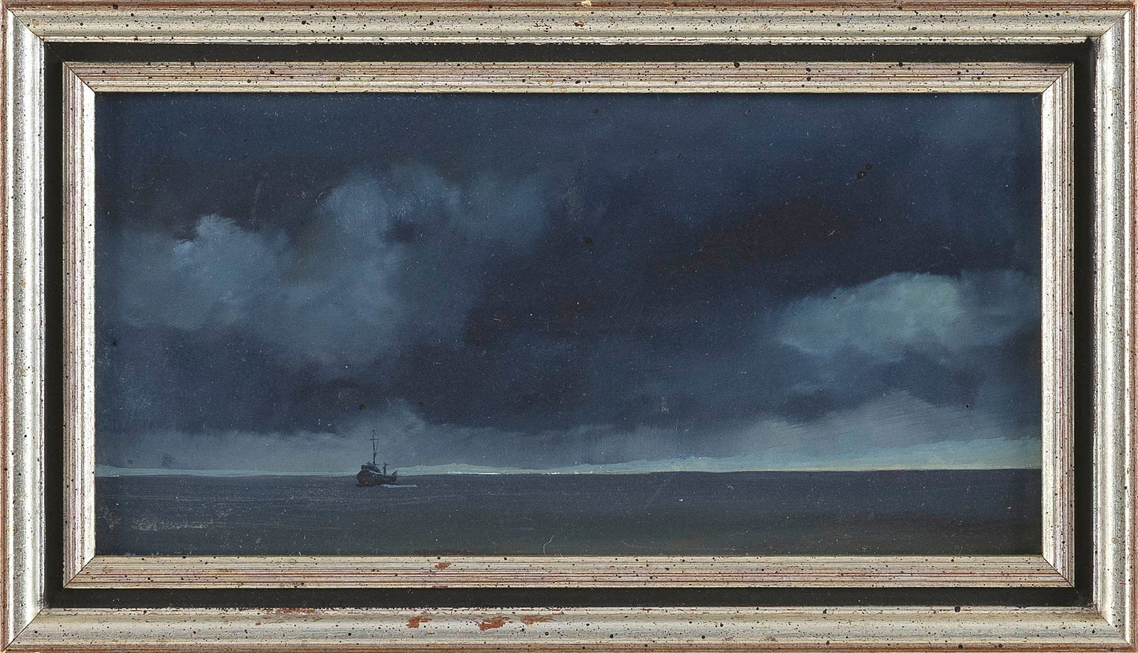 ANNE PACKARD (Massachusetts/New Jersey, 1933-), Fishing boat at nightfall., Oil on board, 5" x 10".: ANNE PACKARD Massachusetts/New Jersey 1933- Fishing boat at nightfall. Signed lower left "A. Packard". Artist's card affixed verso. Oil on board, 5" x 10". Framed 7" x 12".