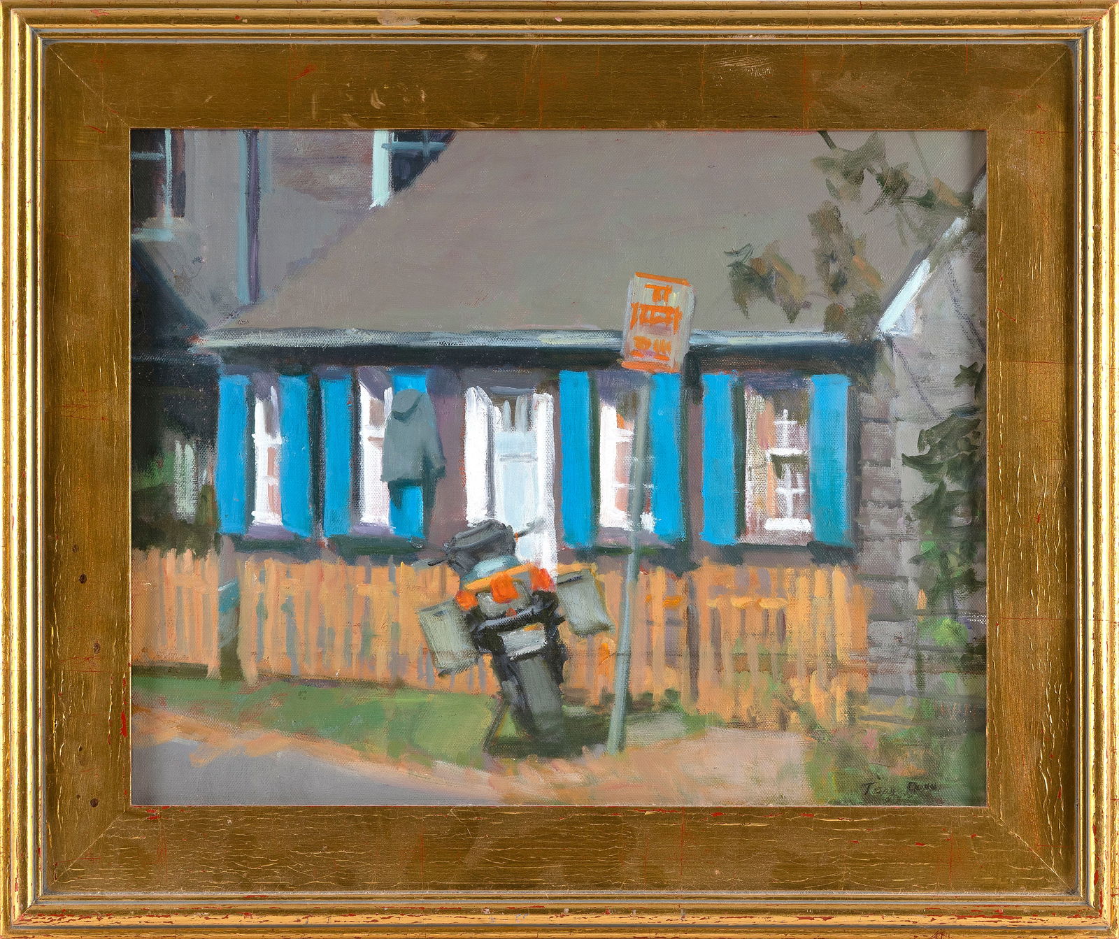 TERRY DUNN (America, 20th/21st Century), House with blue shutters., Oil on canvas, 16" x 20". Framed: TERRY DUNN America 20th/21st Century House with blue shutters. Signed lower right "Terry Dunn". Oil on canvas, 16" x 20". Framed 22" x 26".