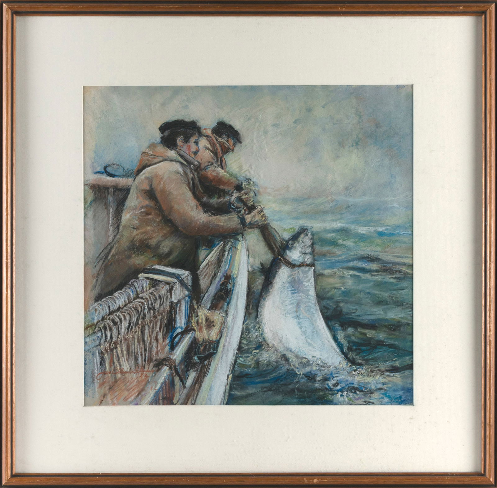 JAN COLLINS SELMAN (Massachusetts, 1945-), "Halibut- Big Catch of the Day"., Pastel on paper, 18" x (1 of 2)