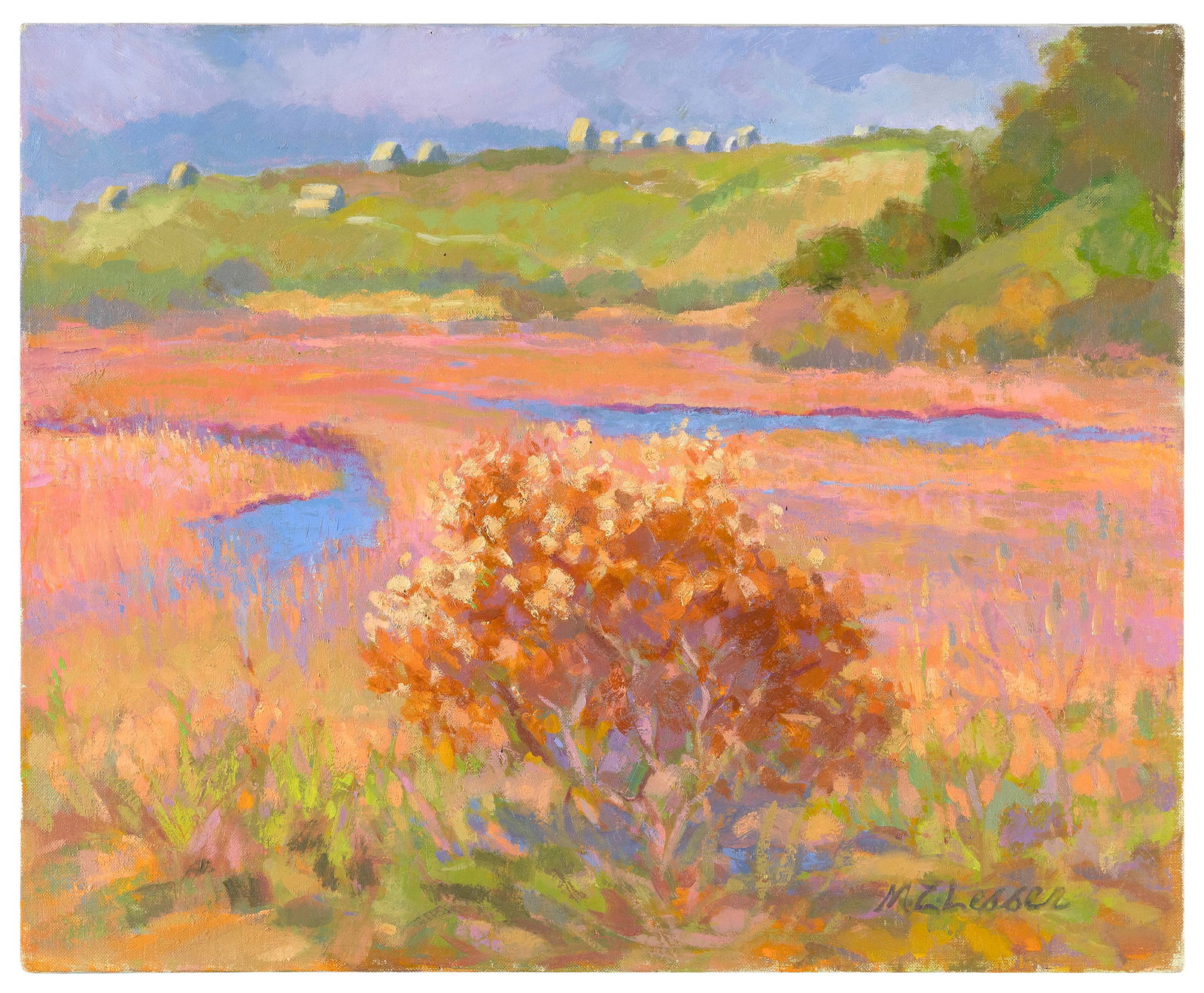 M. ZENA LESSER (Massachusetts, 1926-2022), Cottages on a hill overlooking a Cape Cod marsh., Oil on: M. ZENA LESSER Massachusetts 1926-2022 Cottages on a hill overlooking a Cape Cod marsh. Signed lower right "M. Zena Lesser". Oil on canvas, 16" x 20". Unframed.