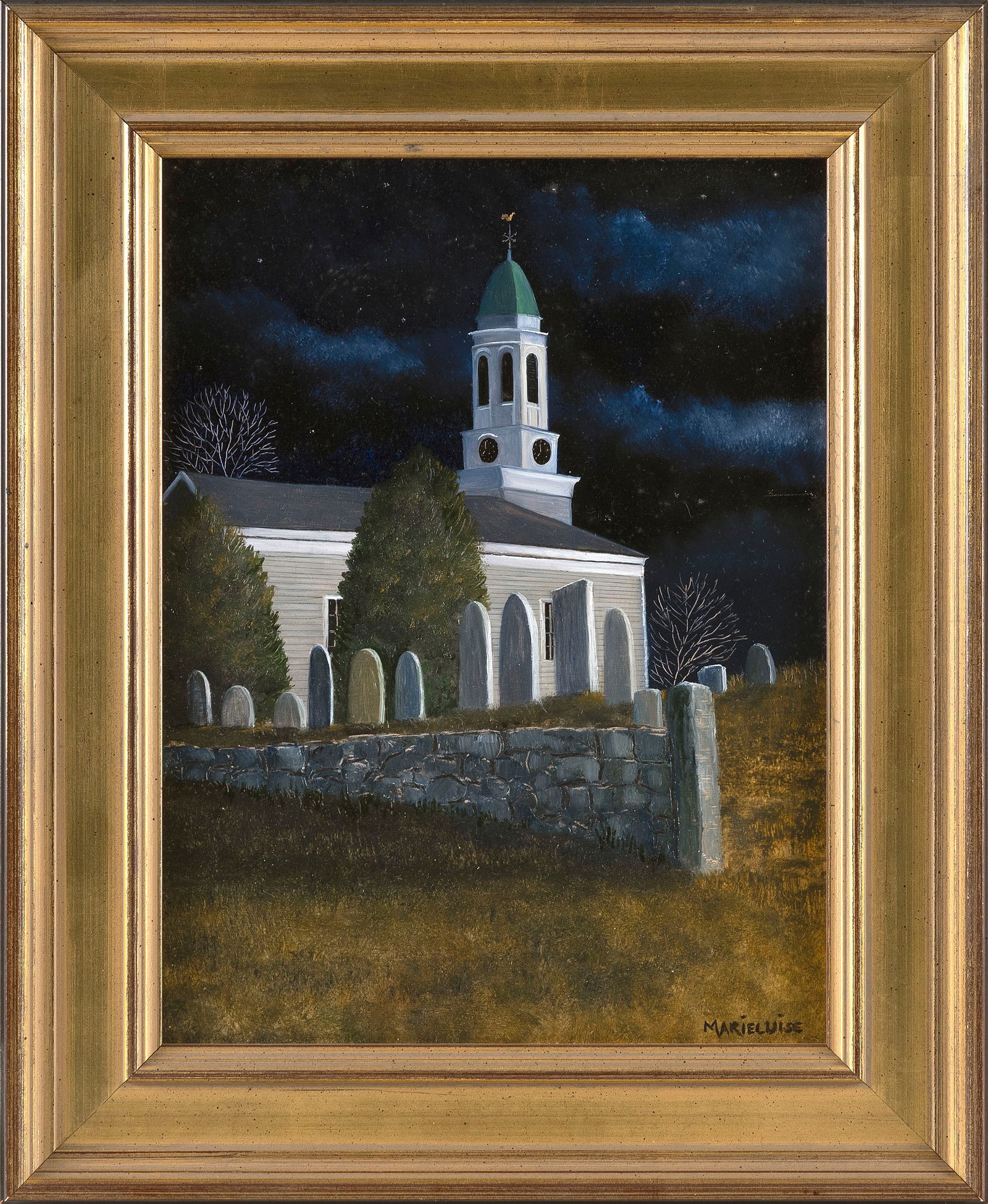 MARIELUISE HUTCHINSON (Massachusetts, 1947-), Church under the stars., Oil on board, 12" x 9".: MARIELUISE HUTCHINSON Massachusetts 1947- Church under the stars. Signed lower right "Marieluise". Oil on board, 12" x 9". Framed 16" x 12".