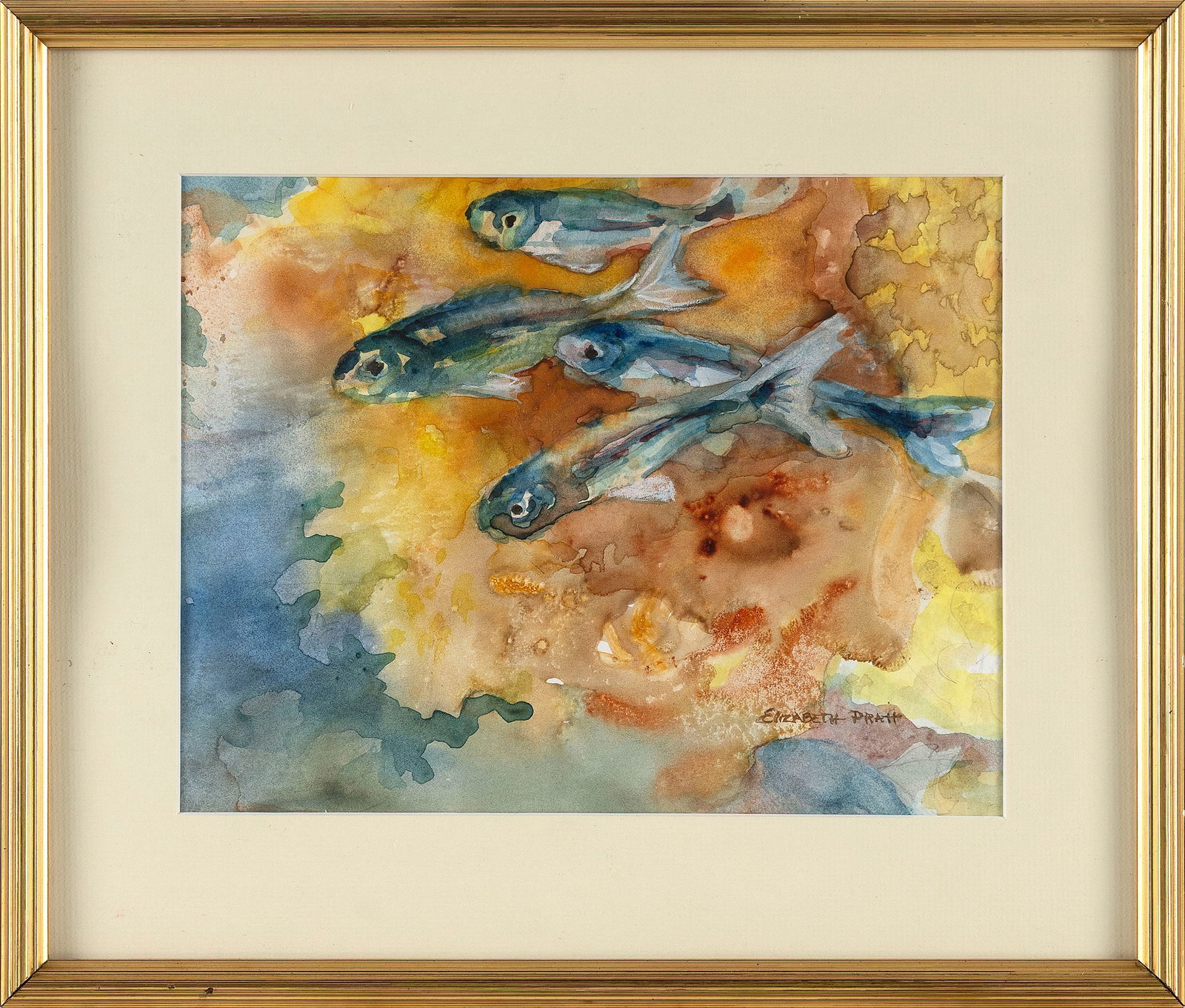 ELIZABETH HAYES PRATT (Massachusetts, 1927-2015), "Fishy Business"., Watercolor on paper, 8.5" x (1 of 2)