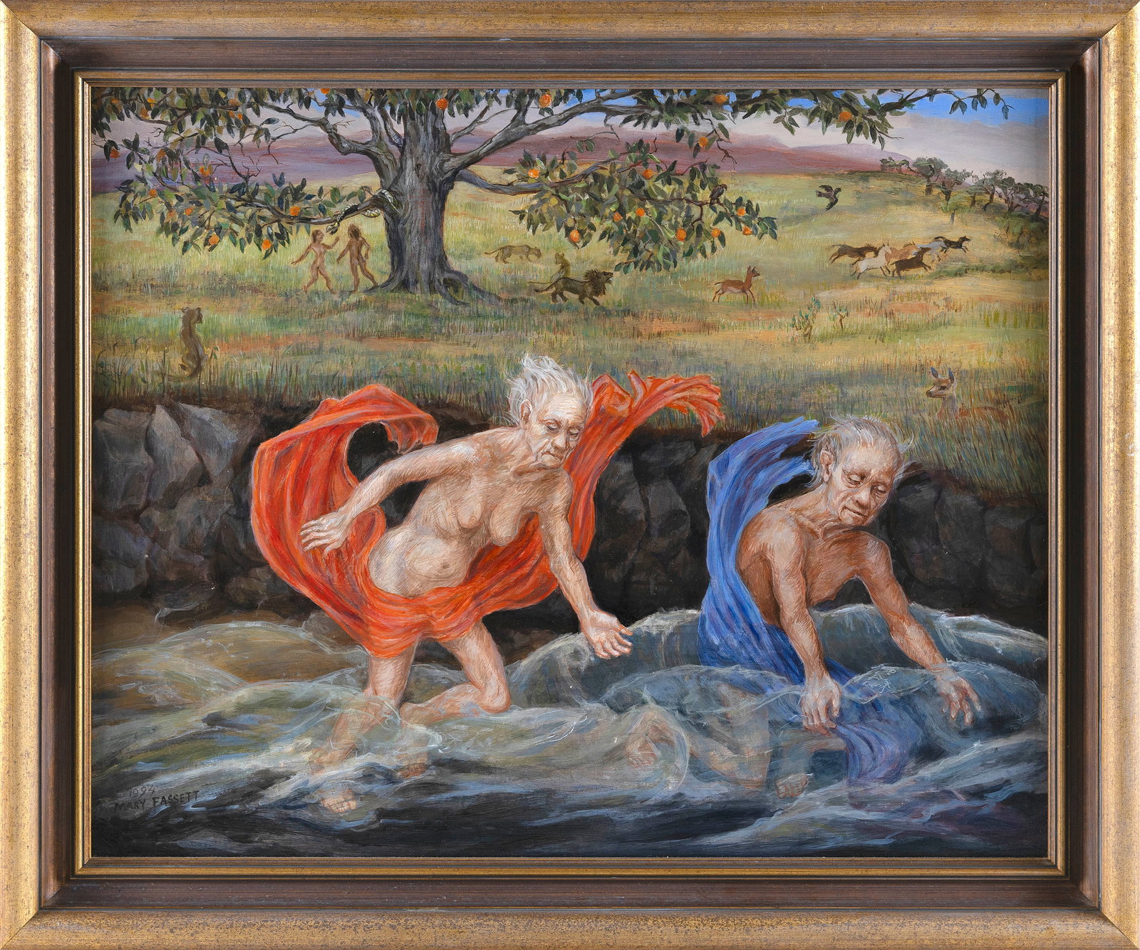 MARY CROCKER FASSETT (Massachusetts, 1915-2016), Scene of Adam and Eve, Oil on panel, 26" x 32".: MARY CROCKER FASSETT Massachusetts 1915-2016 Scene of Adam and Eve, most likely them being expelled from the Garden of Eden. Signed and dated lower left "Mary Fassett 1994". Oil on panel, 26" x 32". F