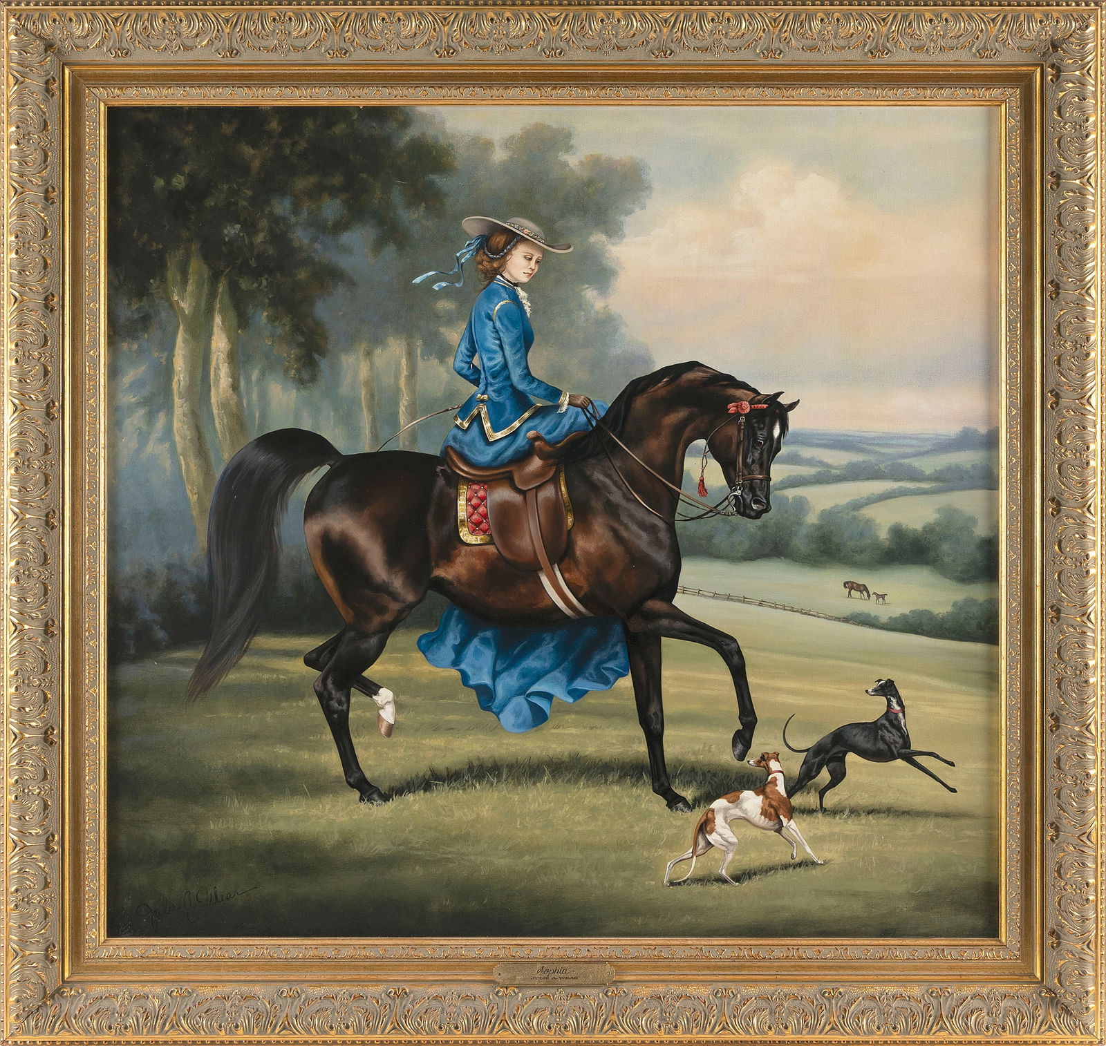 JULIE A. WEAR (America, Contemporary), "Sophia", depicting a woman riding side-saddle across a (1 of 2)