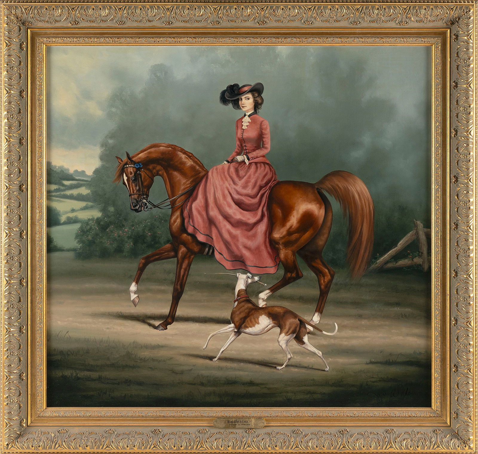 JULIE A. WEAR (America, Contemporary), "Catherine", depicting a woman on horseback accompanied by a (1 of 2)