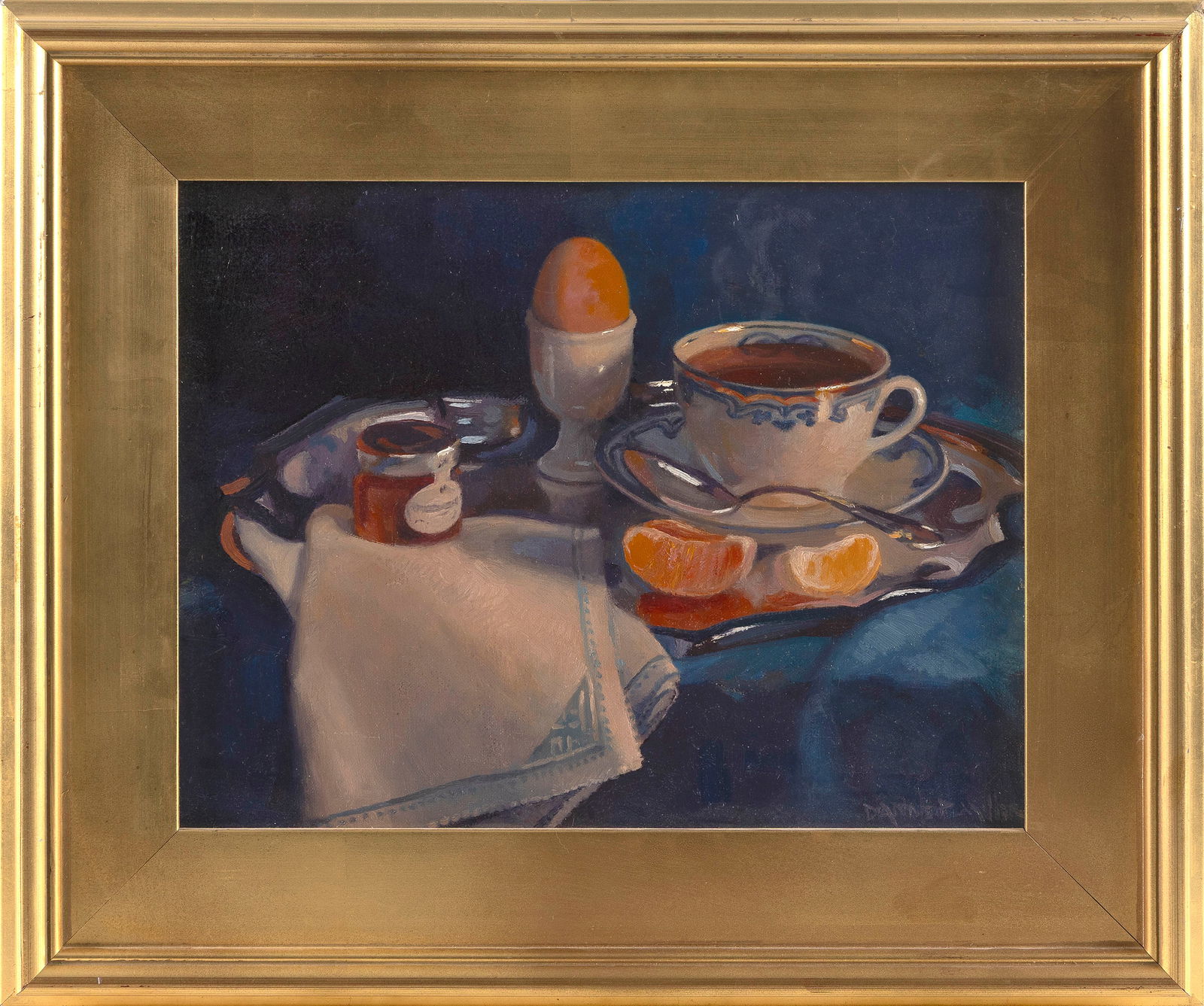 DIANNE PANARELLI MILLER (Massachusetts, Contemporary), Breakfast still life., Oil on canvas, 11" x: DIANNE PANARELLI MILLER Massachusetts Contemporary Breakfast still life. Signed lower right "Panarelli Miller". Oil on canvas, 11" x 14". Framed 16" x 19".
