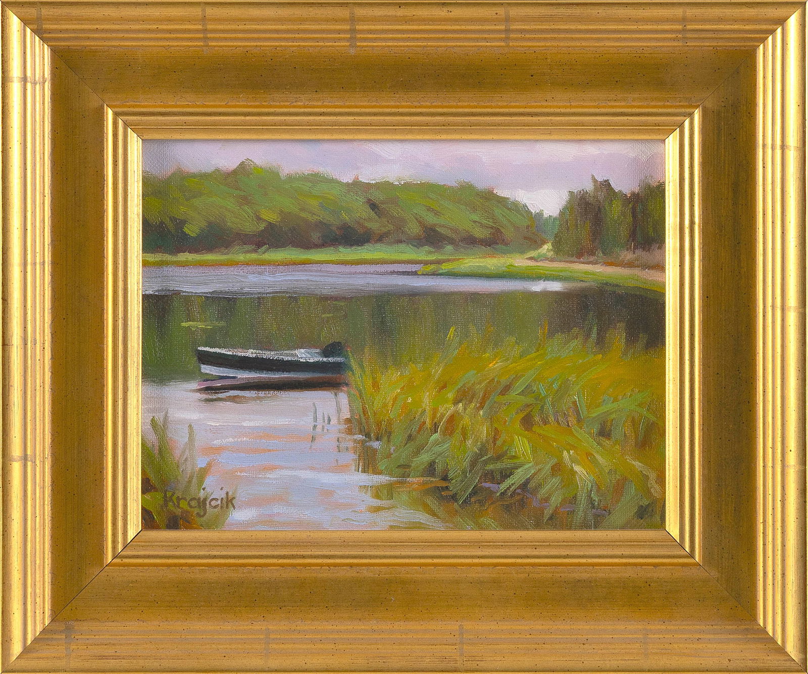 ALLISON KRAJCIK (America, Contemporary), Moored skiff in a salt pond., Oil on canvas board, 6" x 8" (1 of 1)