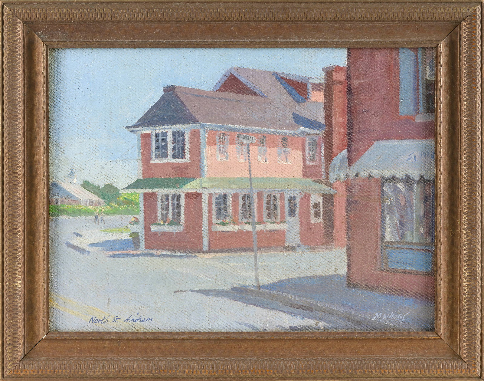 MARJORIE RITA WHORF (Massachusetts, 1927-2021), "North St. Hingham" (Massachusetts)., Oil on board,: MARJORIE RITA WHORF Massachusetts 1927-2021 "North St. Hingham" (Massachusetts). Signed lower right "M. Whorf". Titled lower left. Oil on board, 12" x 16". Framed.