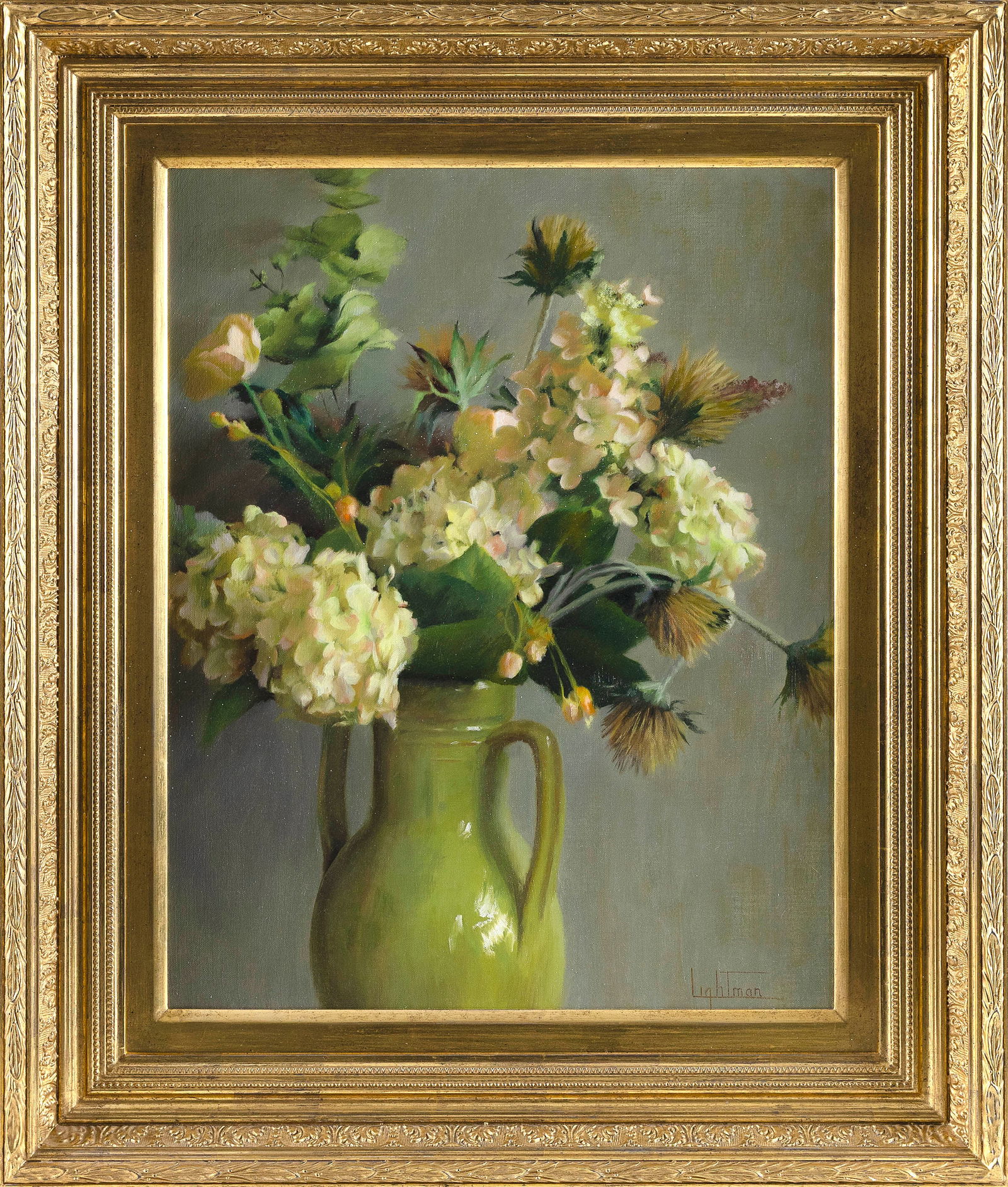 JEAN G. LIGHTMAN (Massachusetts, Contemporary), "Autumn Arrangement"., Oil on canvas, 24" x 19". (1 of 2)